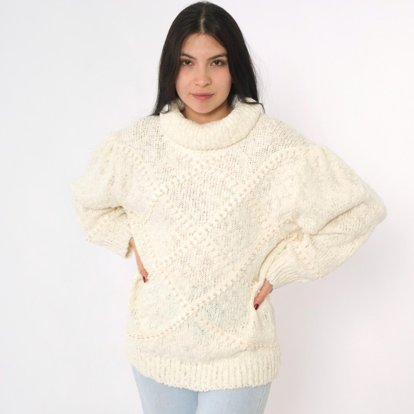 80s Bonnie and Bill Cream Pearl Beaded Turtleneck Sweater Medium