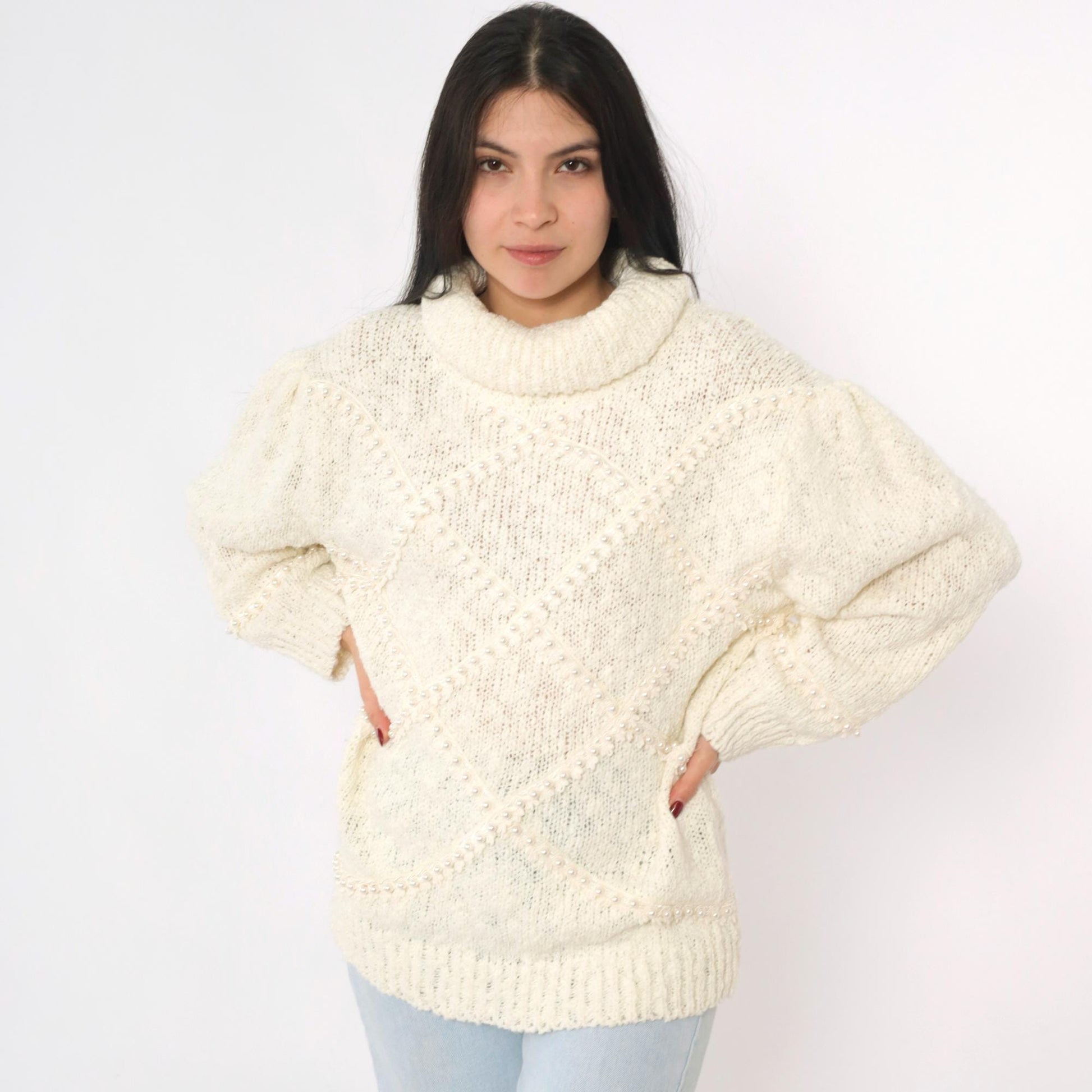 80s Bonnie and Bill Cream Pearl Beaded Turtleneck Sweater Medium
