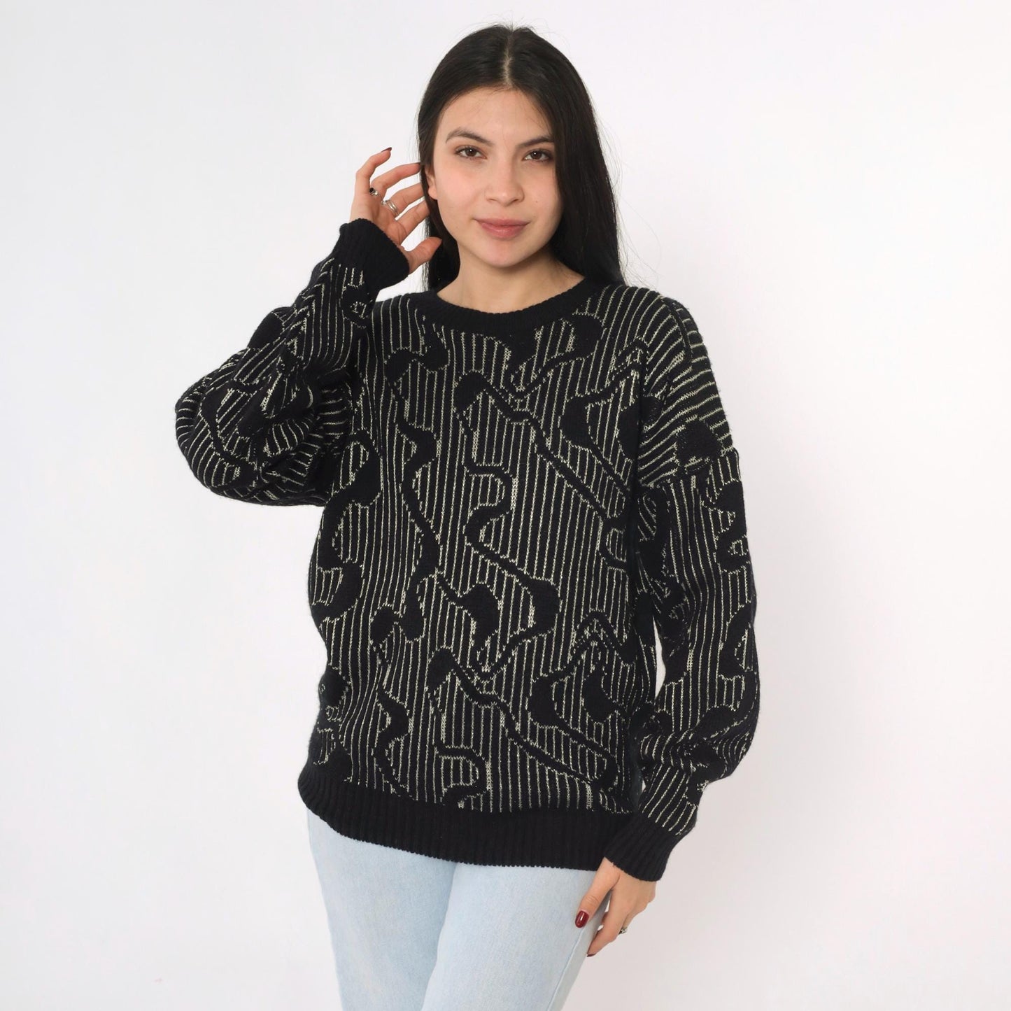 80s Black Metallic Striped Sweater Silver Abstract Knit Small Medium