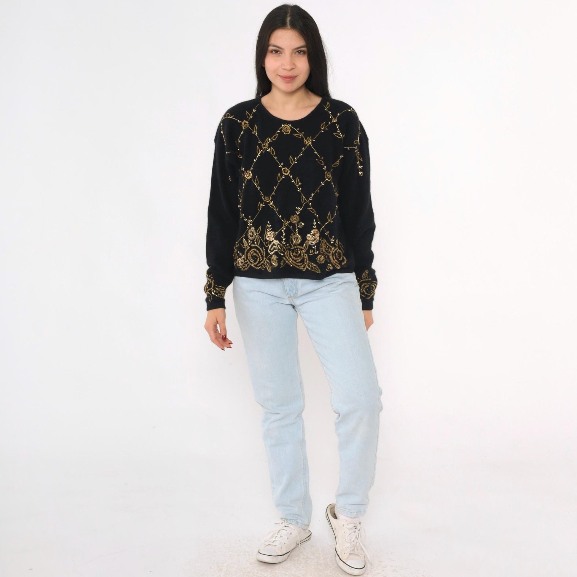 80s Cervelle Black Sequin Wool Angora Sweater Gold Floral Beaded Medium M