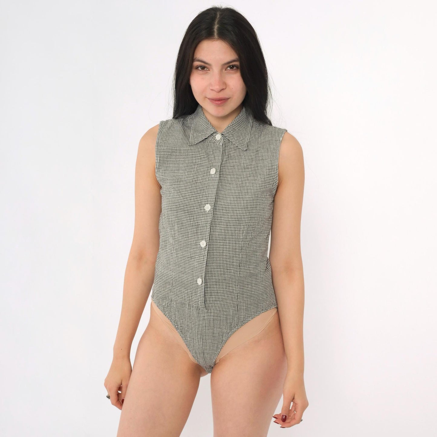 90s DKNY Gingham Bodysuit Sleeveless Collared Button-Up Black White XS