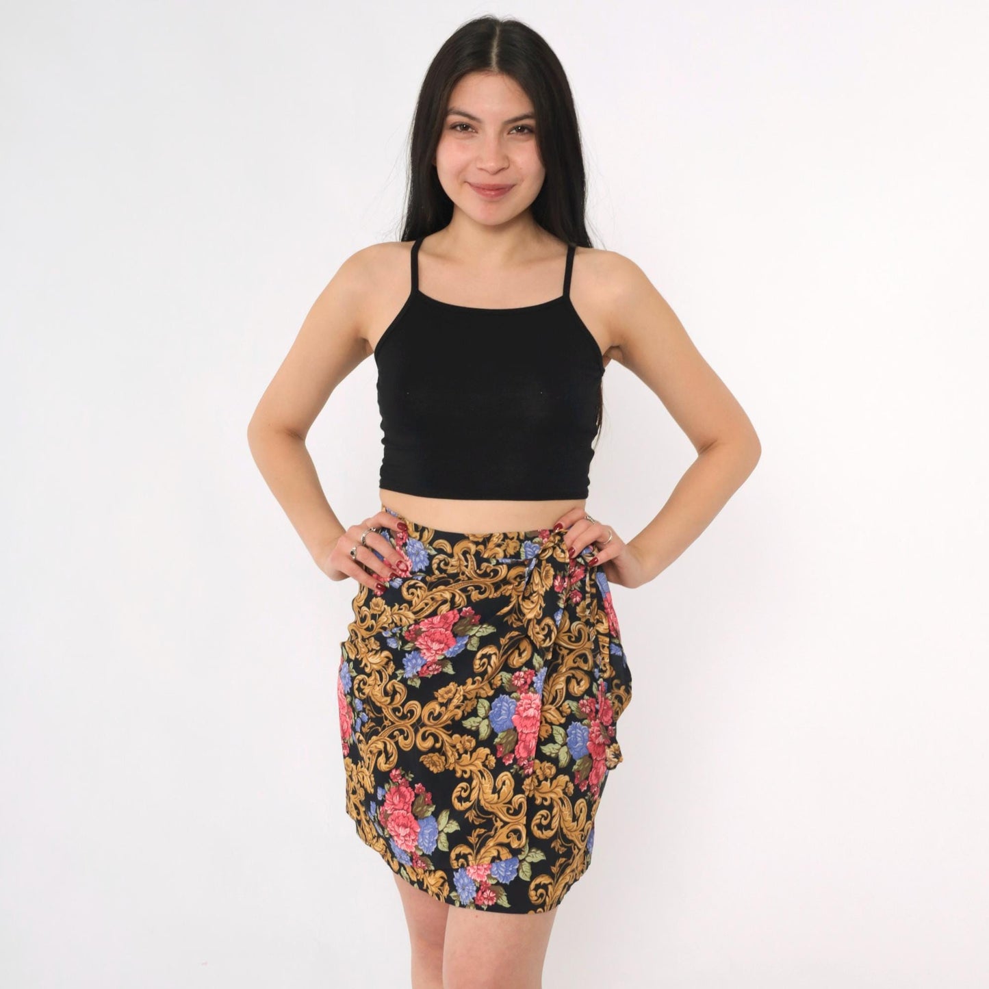 90s Baroque Floral Wrap Mini Skirt Black Gold Pink High Waisted XS