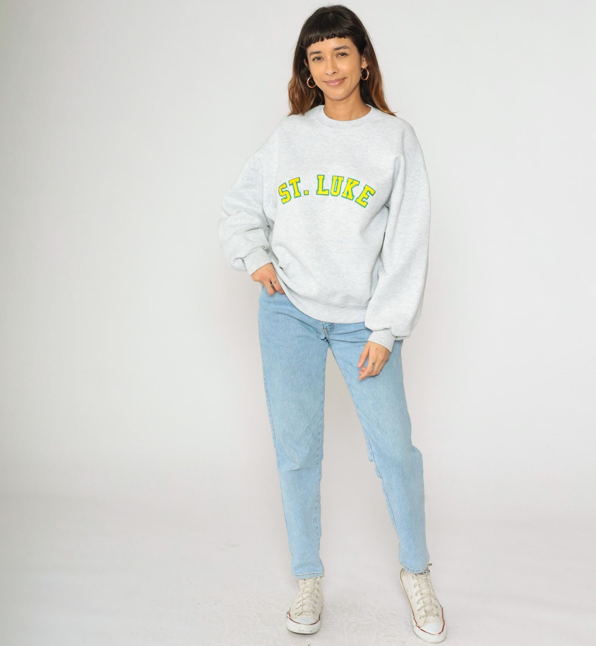 90s Jerzees St Luke Crewneck Sweatshirt Grey Stitched Letters Extra Large XL
