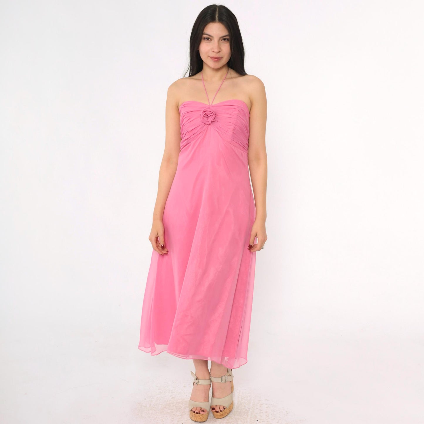 80s Pink Chiffon Midi Dress Strapless Boned Bodice Rosette Halter Medium 8