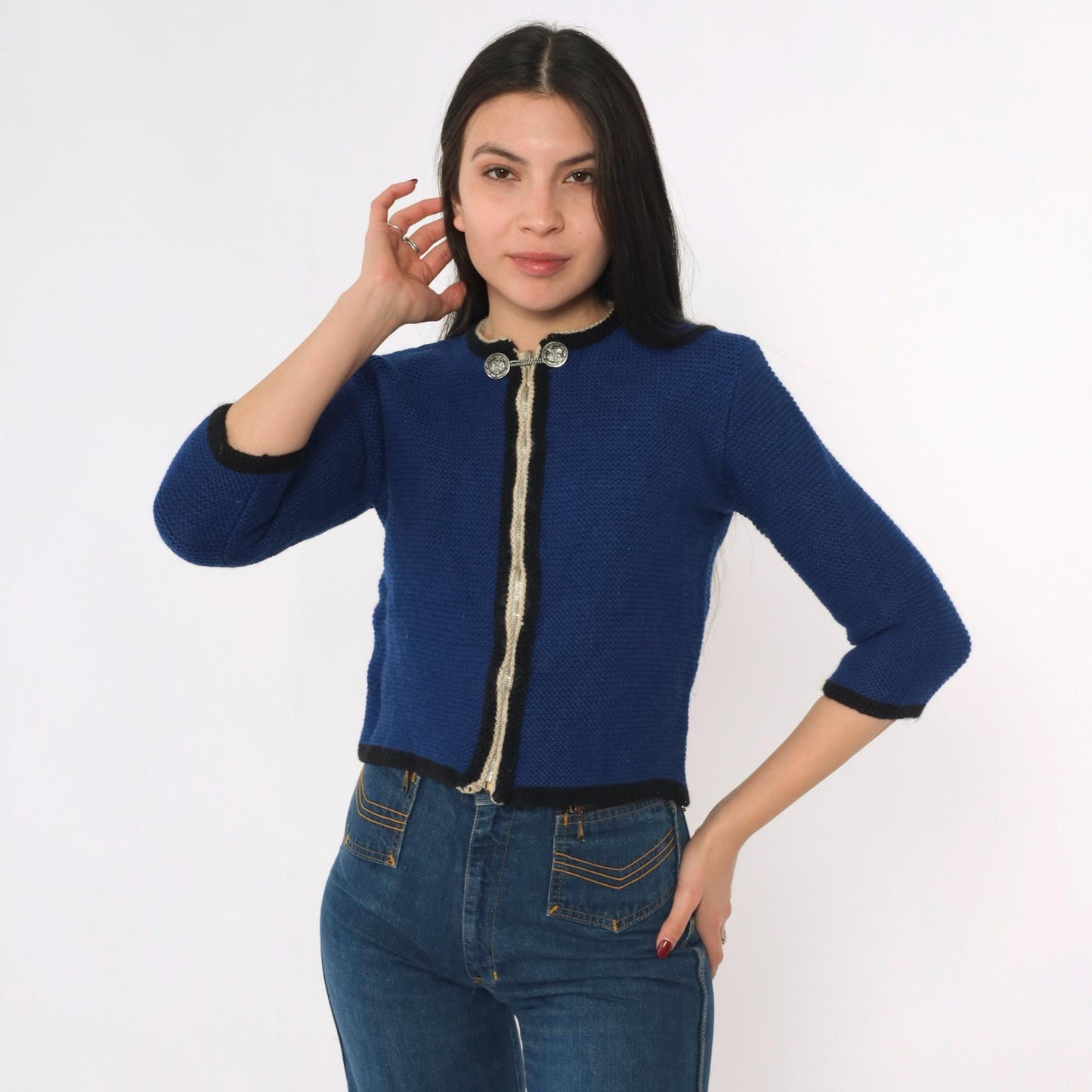 60s Blue Wool Cardigan Cropped Zip Coin Button 3/4 Sleeve Extra Small