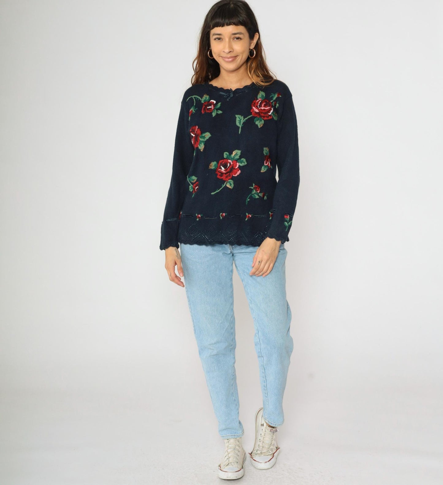 90s Navy Embroidered Floral Pullover Sweater Openwork Knit Medium Petite