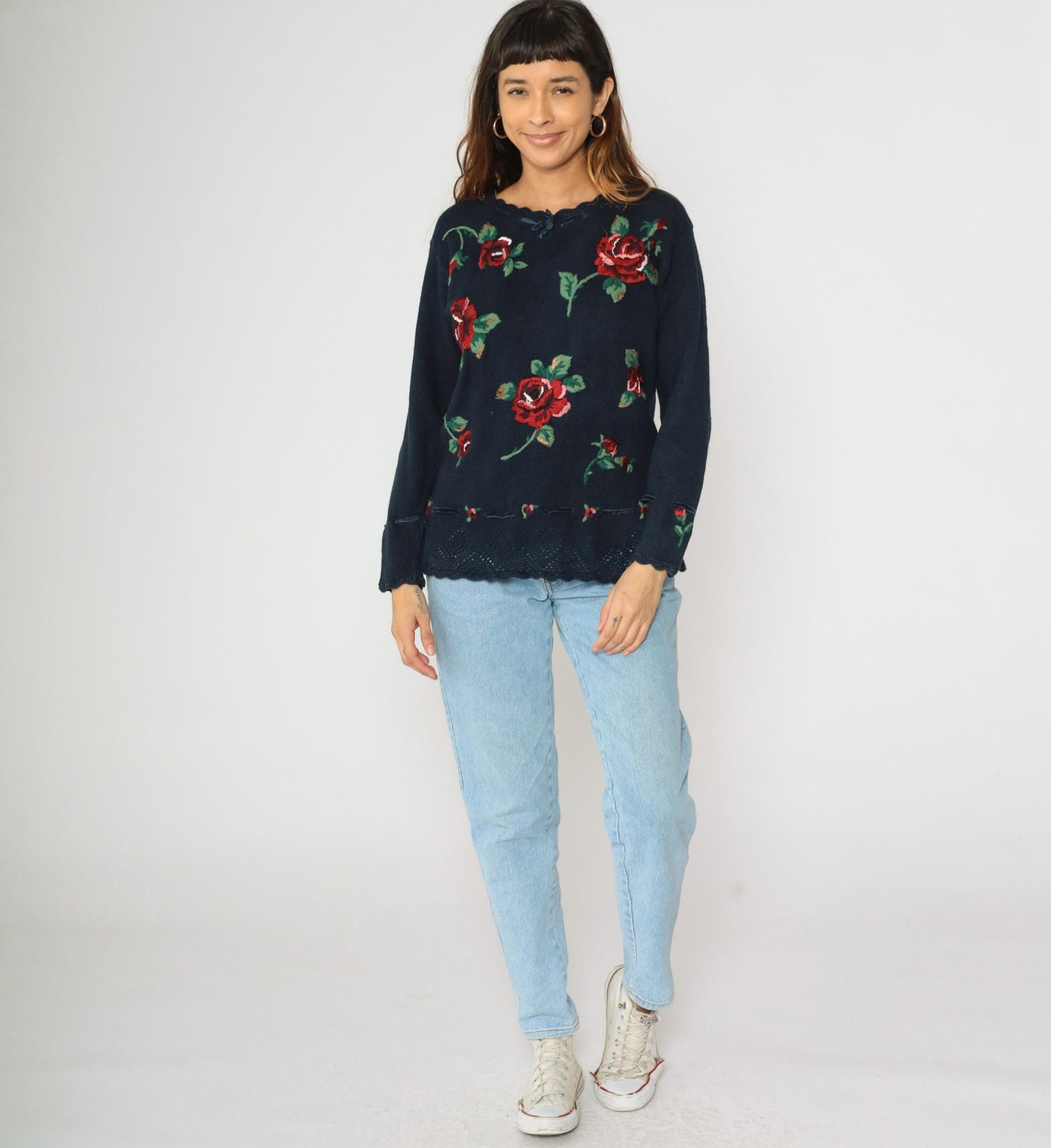90s Navy Embroidered Floral Pullover Sweater Openwork Knit Medium Petite