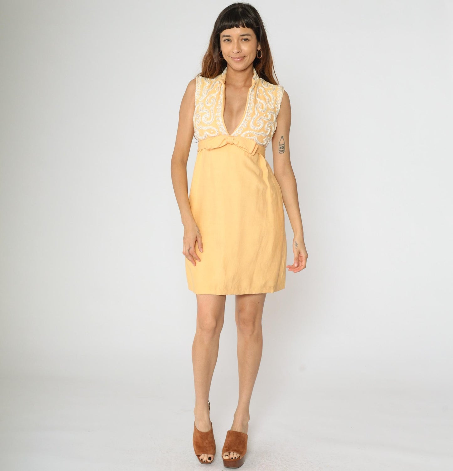 60s Maison Mendessolle Peach Mini Dress Beaded Bow Empire Waist XS