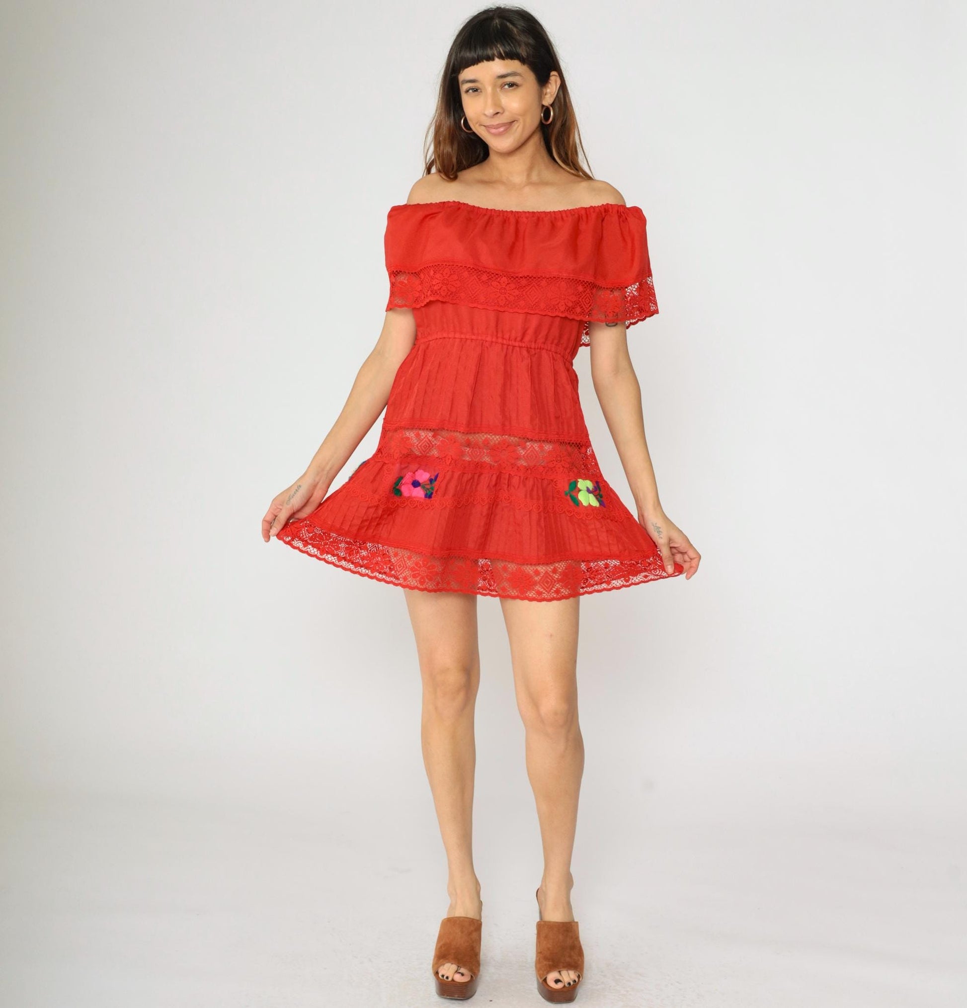 90s Mexican Peasant Dress Red Floral Embroidered Mini Off-Shoulder Small