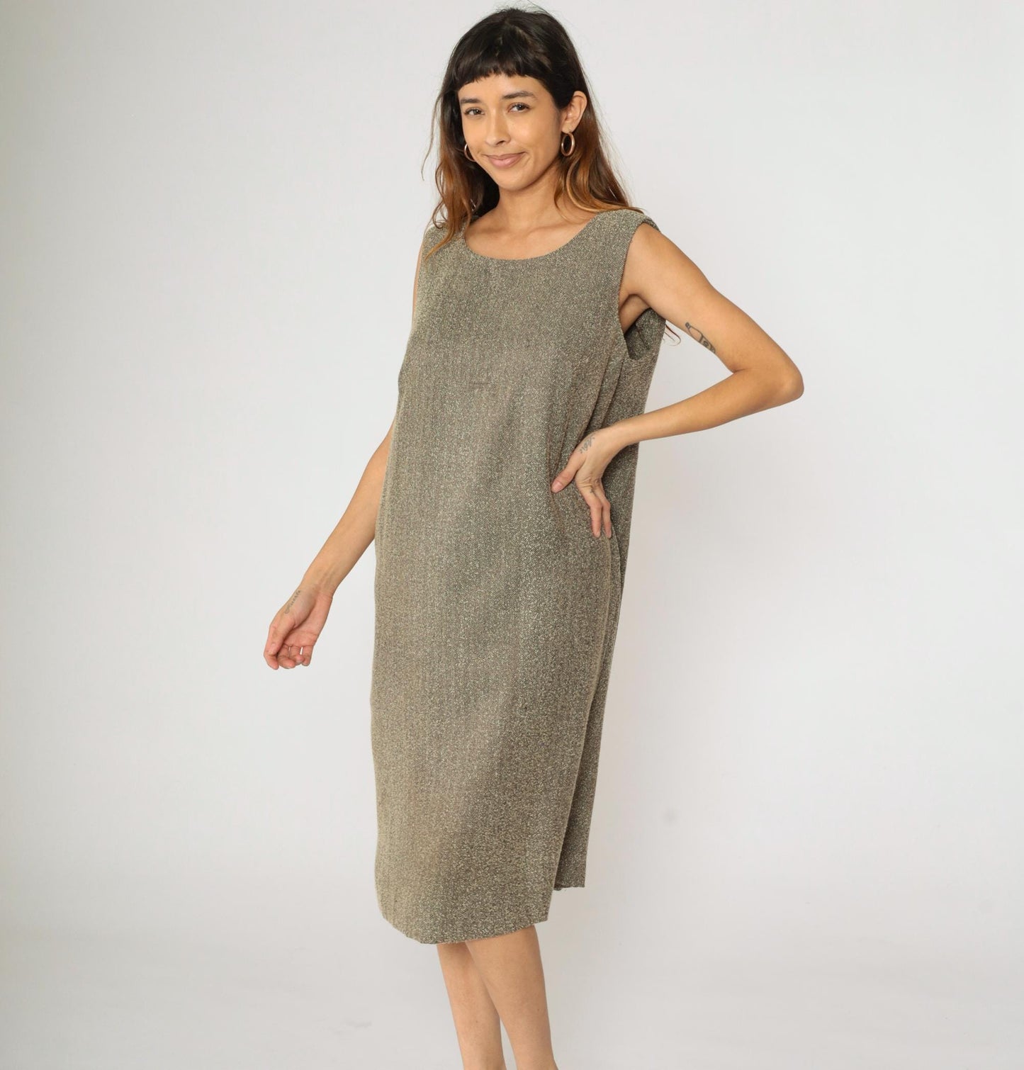 Y2K Leslie Fay Brown Herringbone Midi Dress Sleeveless Sheath Plus Size 14W