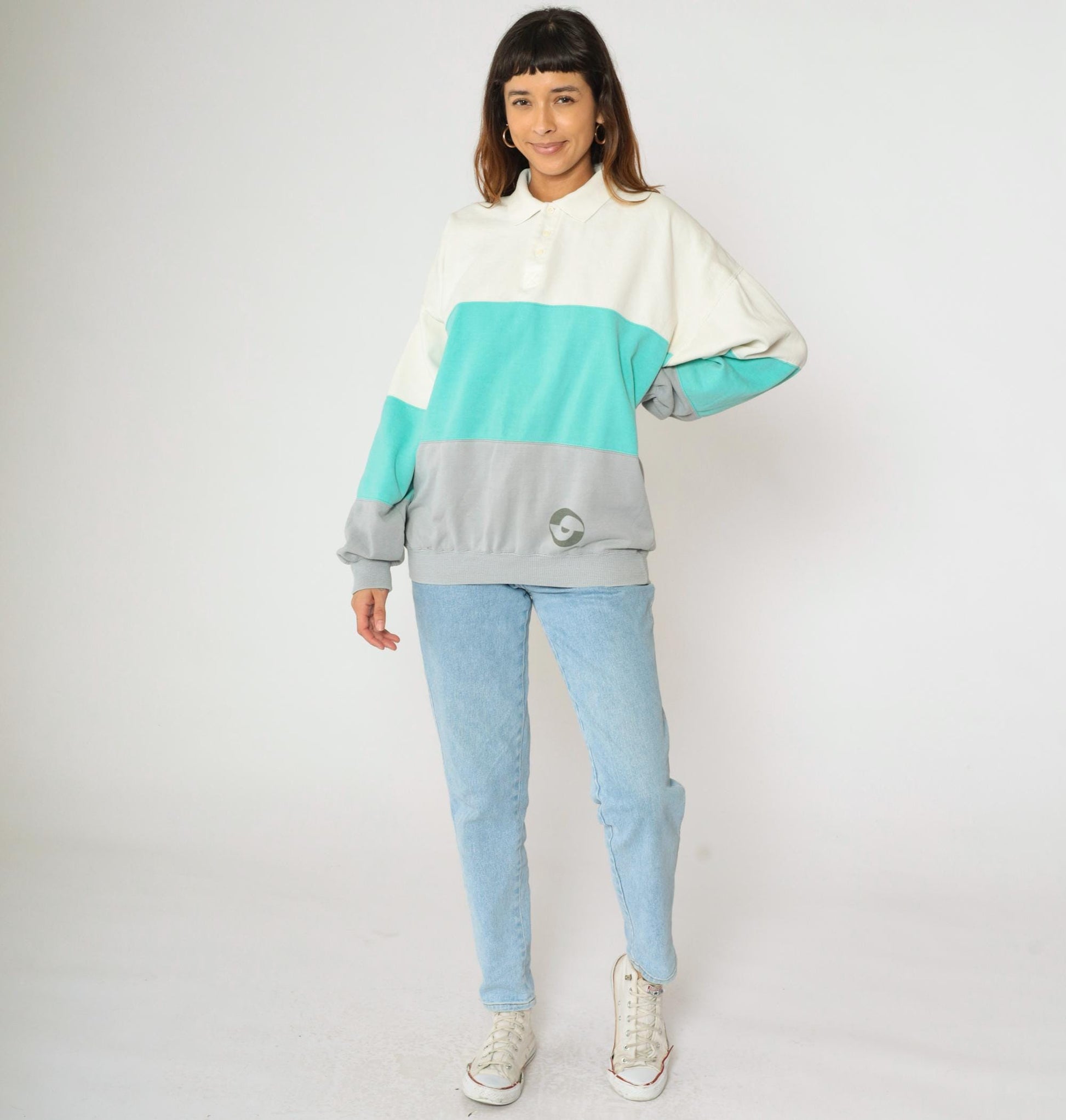 90s John Ashford Sport Colorblock Polo Sweatshirt Off-White Aqua Grey Large L