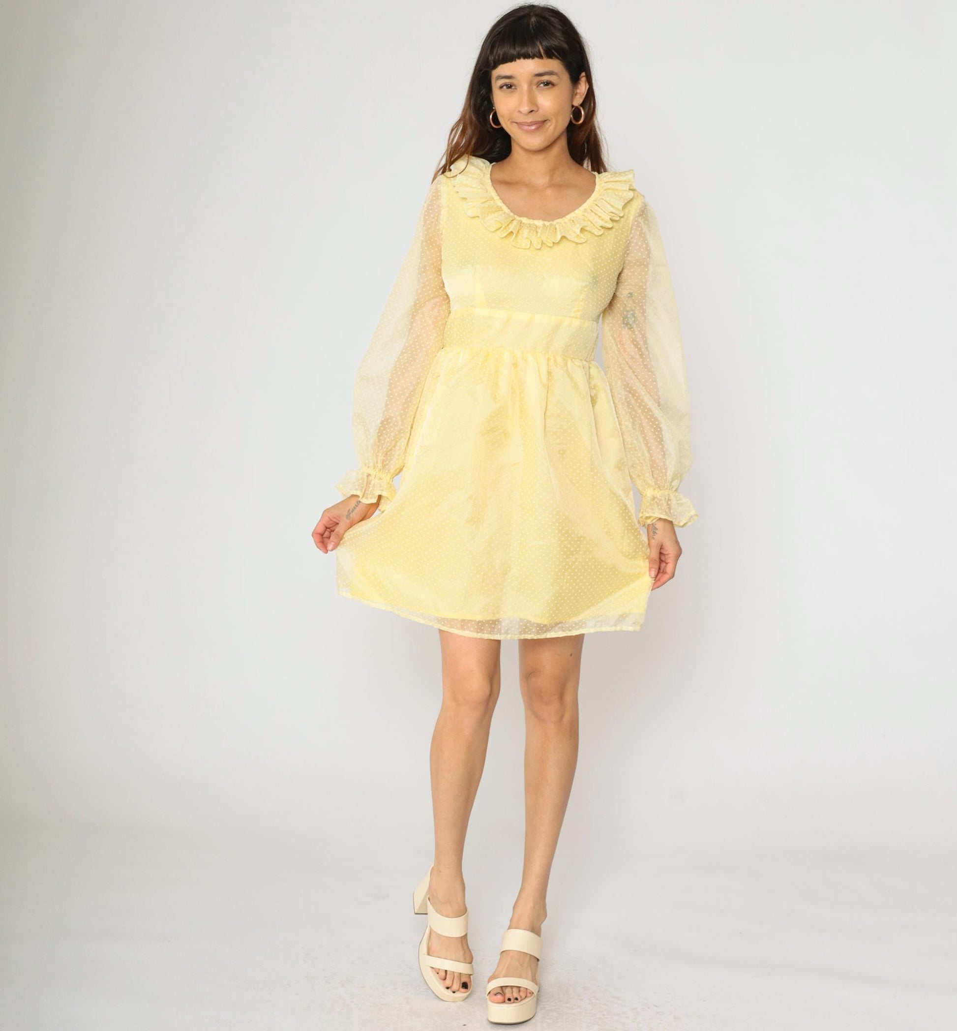 70s Yellow Swiss Dot Organza Mini Dress Empire Waist Ruffle Neckline Small