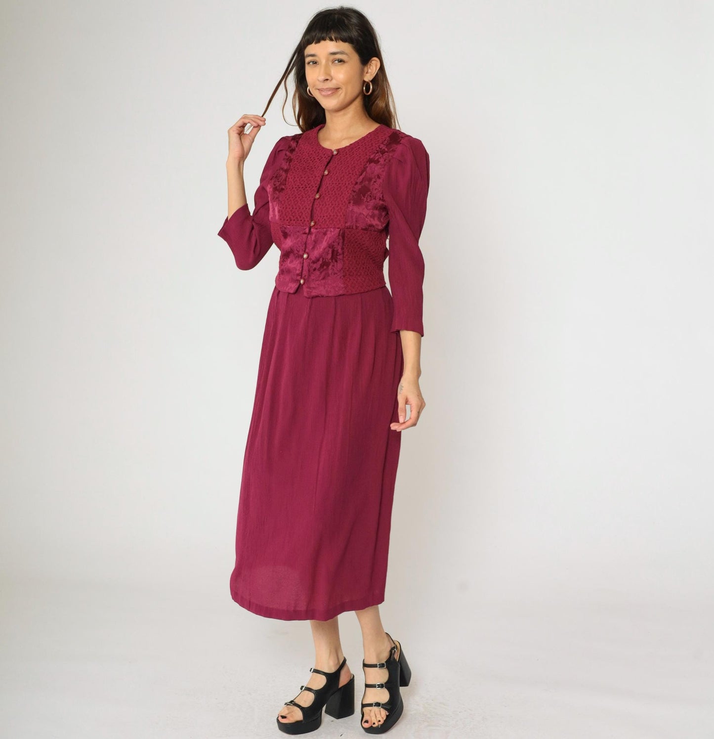 90s Miss Dorby Raspberry Floral Jacquard Midi Dress Puff Sleeve Button Up Medium