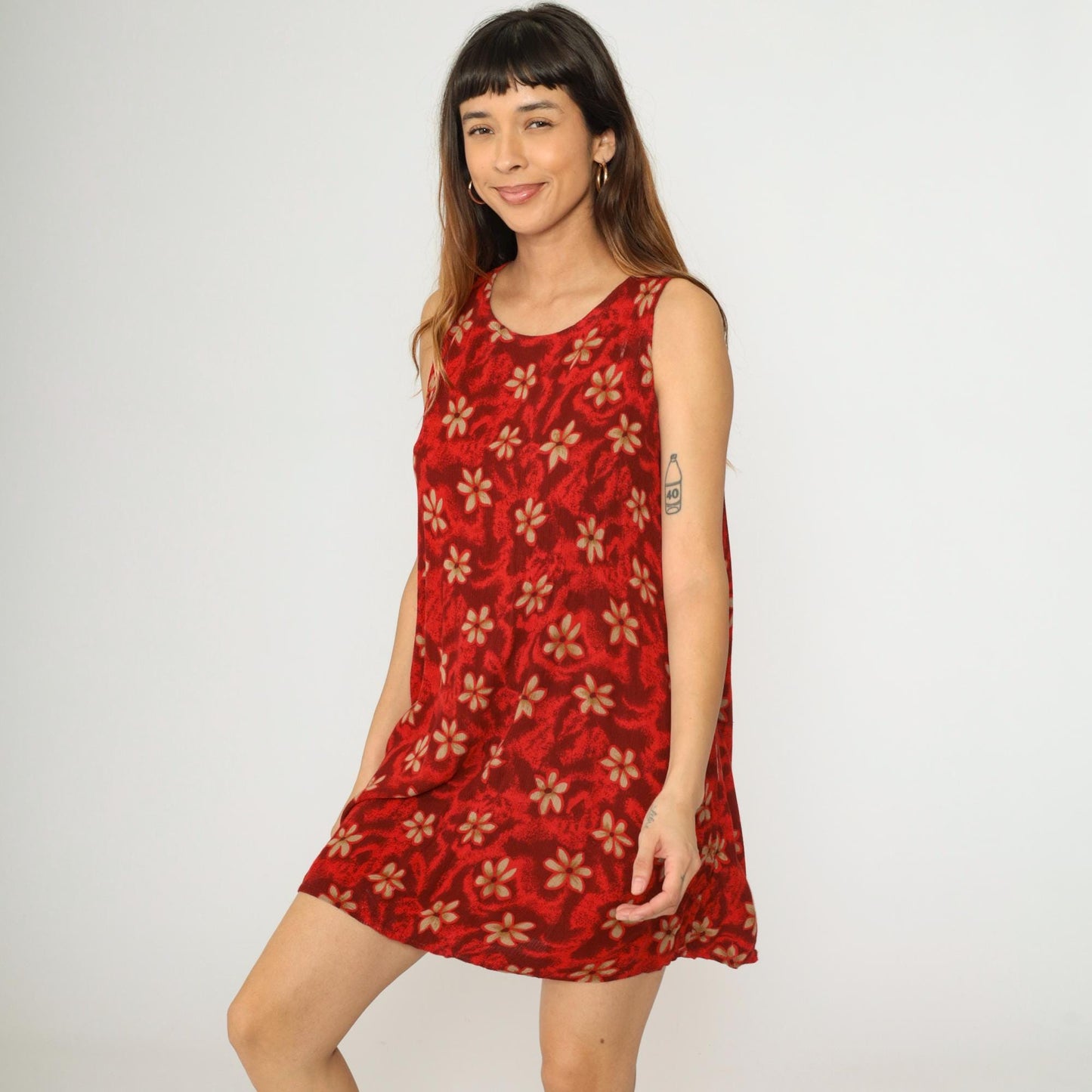 90s Red Floral Hawaiian Mini Dress Sleeveless A-Line Sundress Small