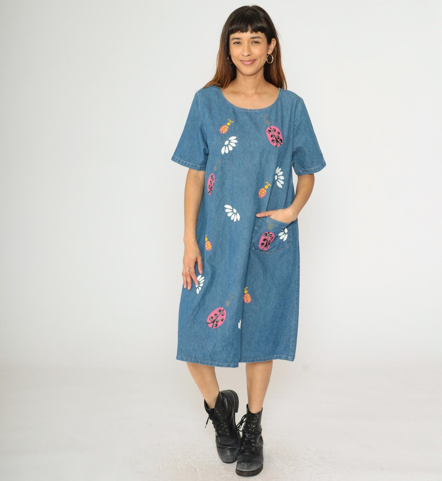 90s Denim Midi Dress Ladybug Floral Print Shift Blue Short Sleeve Large L