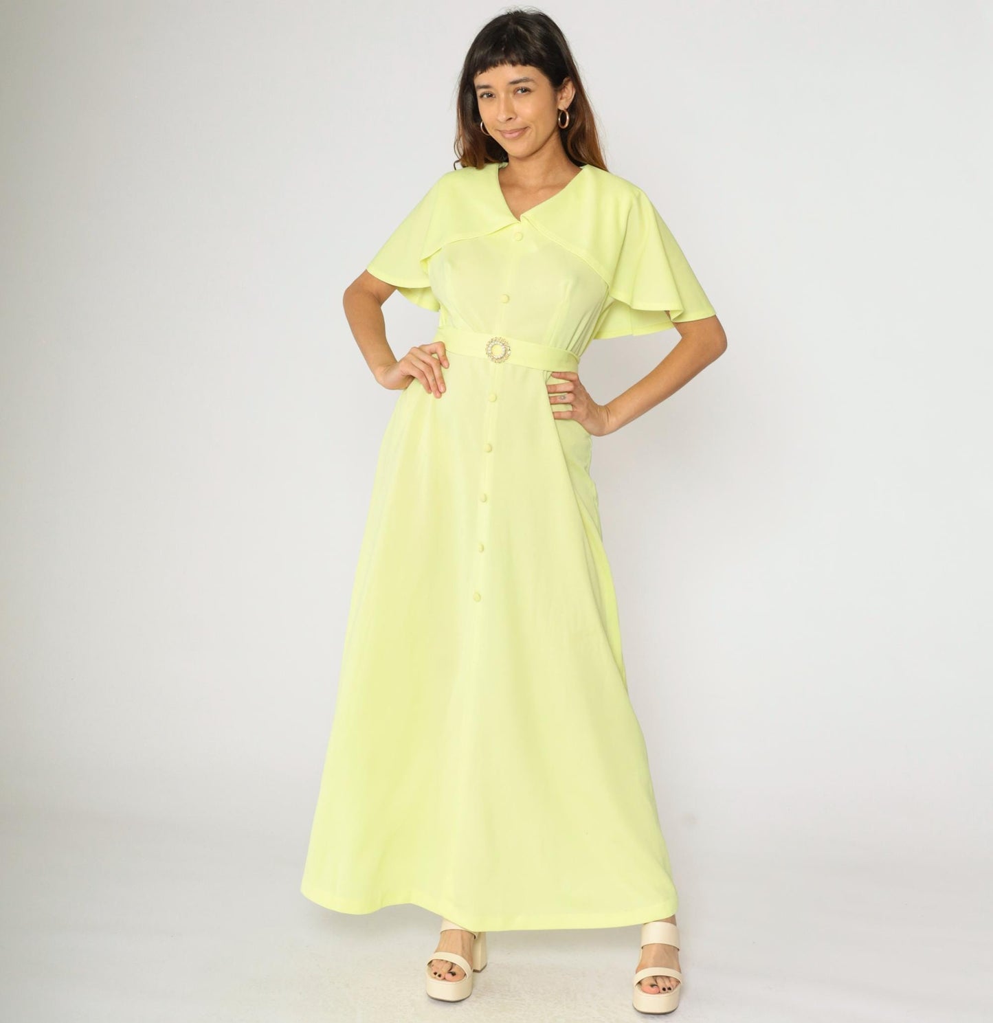 70s Yellow Maxi Dress Capelet Ruffle V-Neck Belted Pearl Buckle Large L