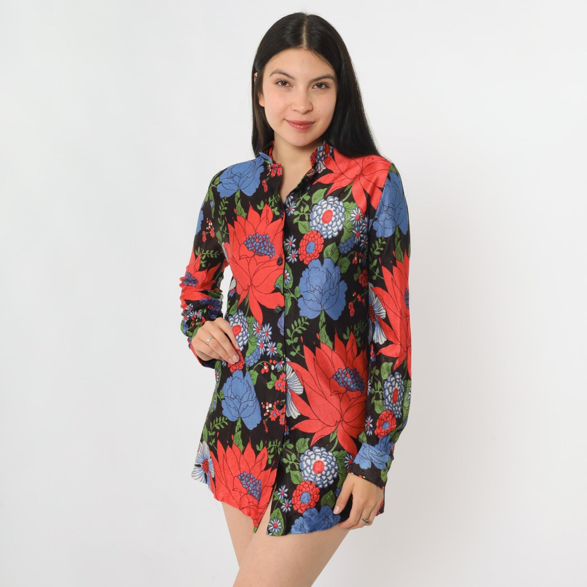 70s Dutchmaid Floral Mandarin Collar Blouse Red Blue Tunic Small