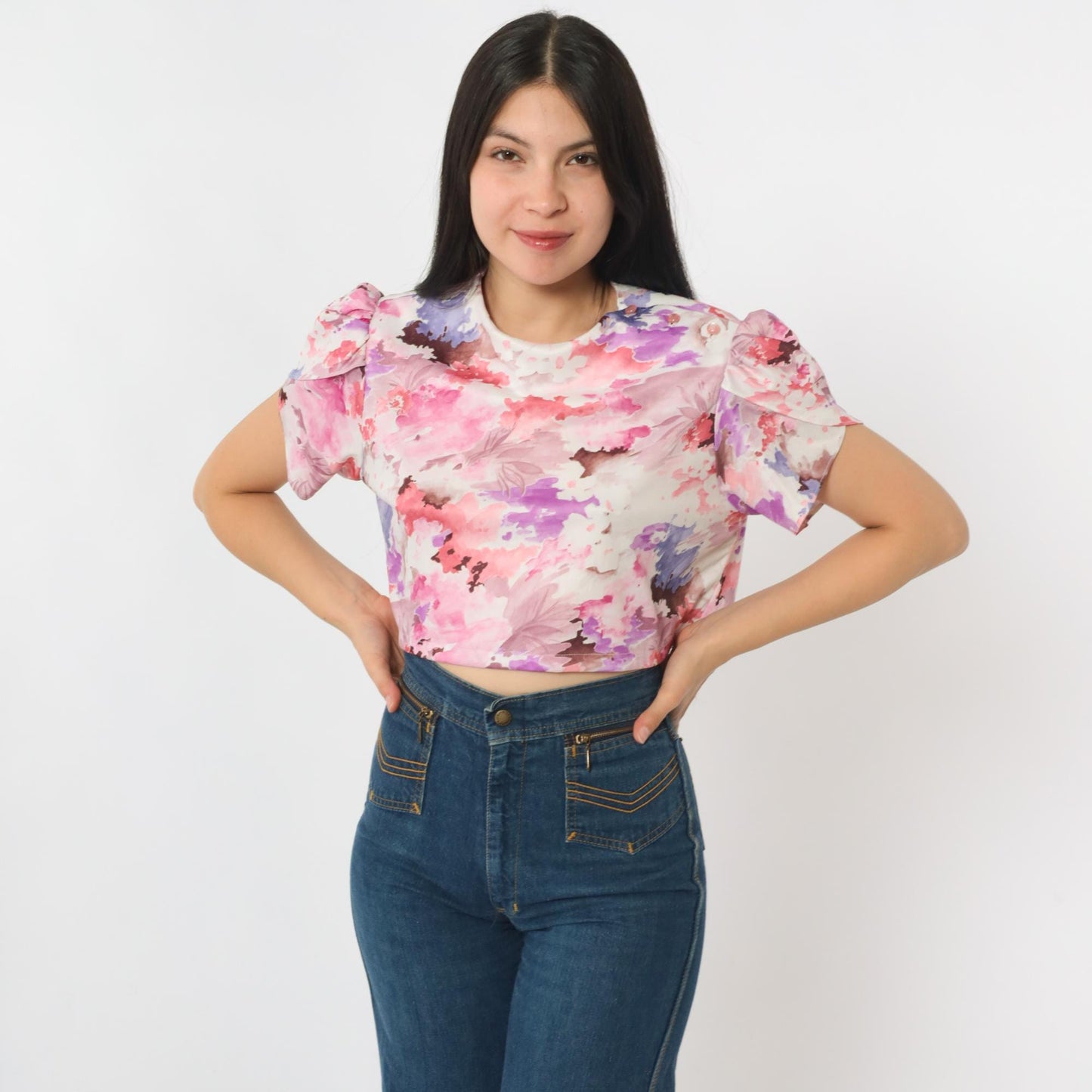70s Floral Crop Top Puff Sleeve Blouse Pink Purple White Medium