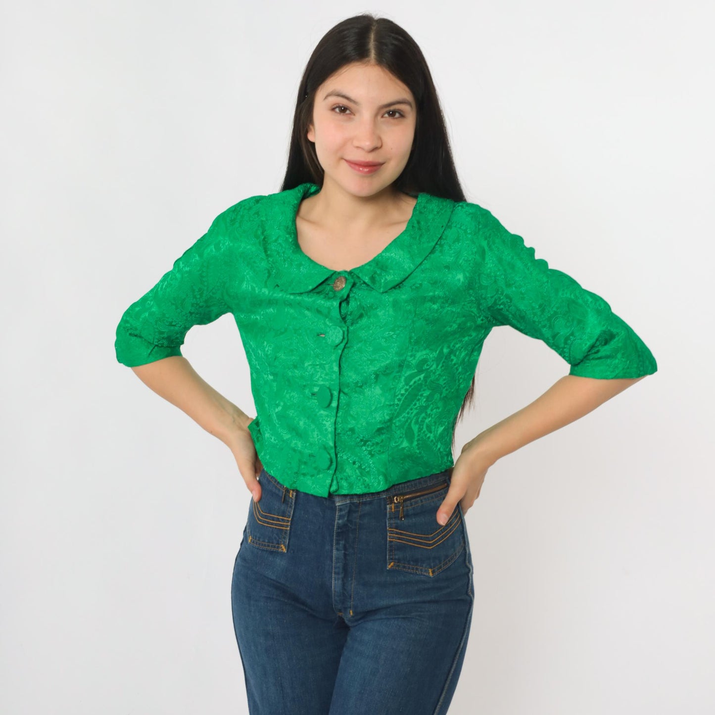 60s Green Brocade Paisley Cropped Jacket Half Sleeve Button Up Small