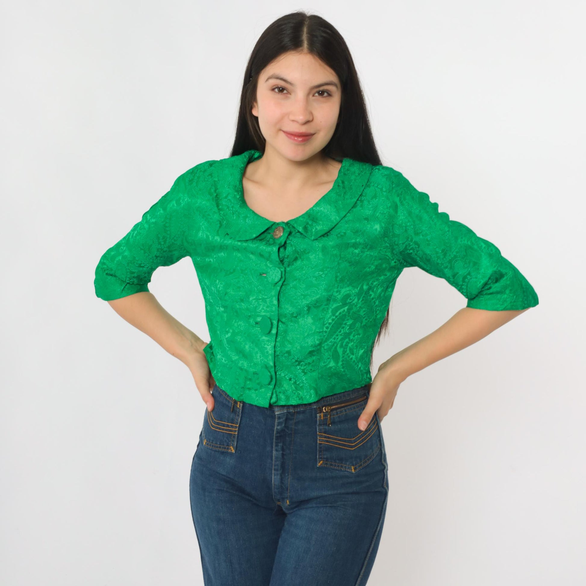60s Green Brocade Paisley Cropped Jacket Half Sleeve Button Up Small