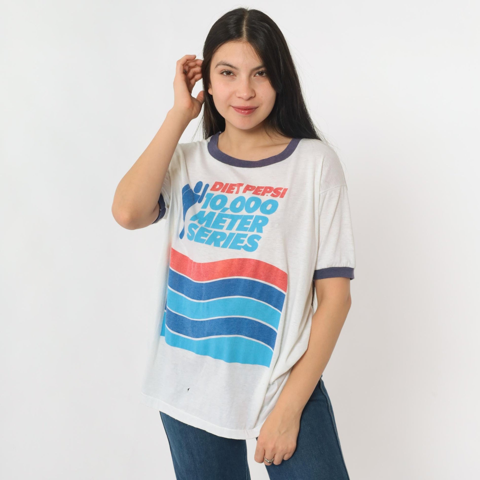 80s Diet Pepsi 10,000 Meter Series Ringer Tee Graphic Running Shirt Large L