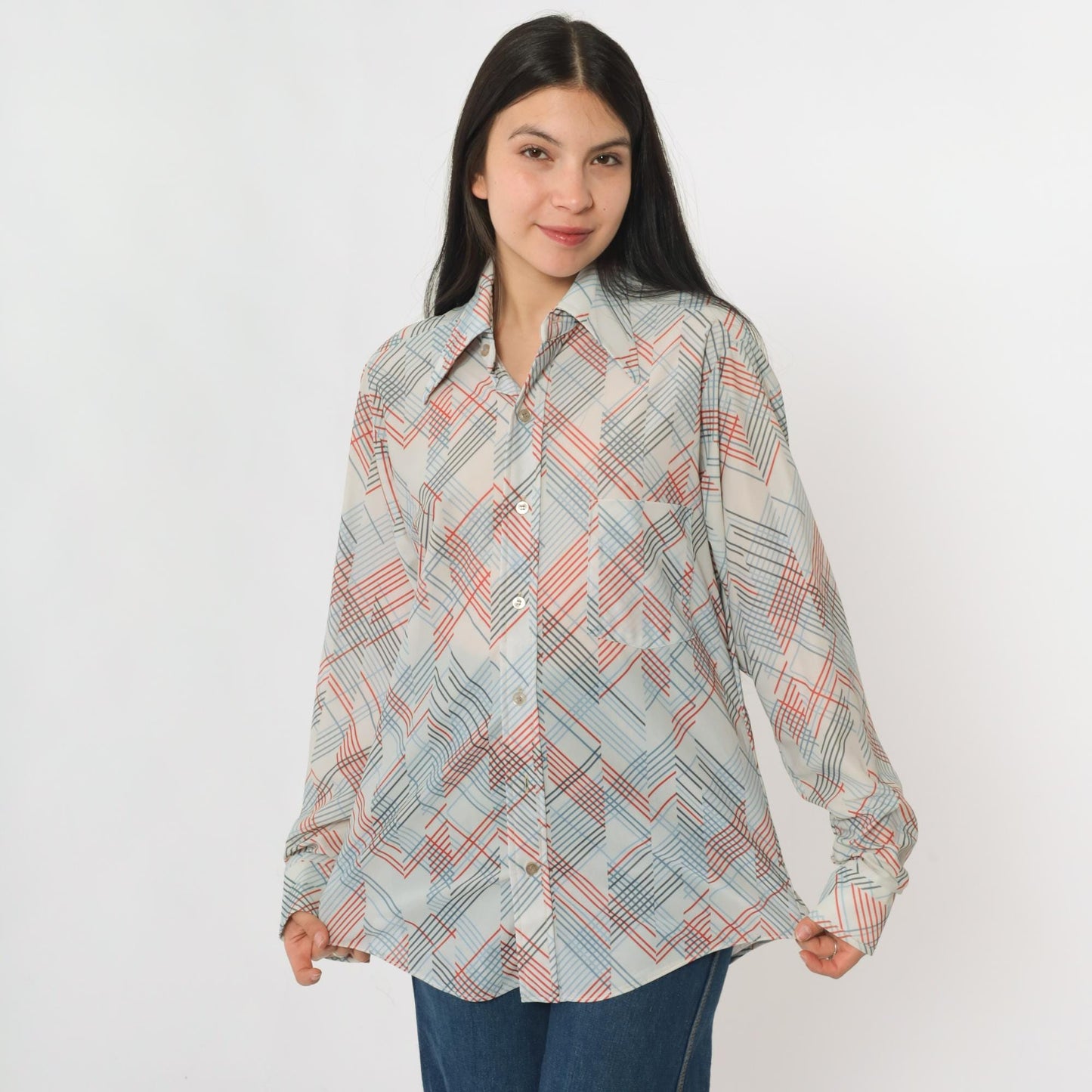 70s Sears Checkered Button-Up Shirt White Dagger Collar Long Sleeve Men's Medium M