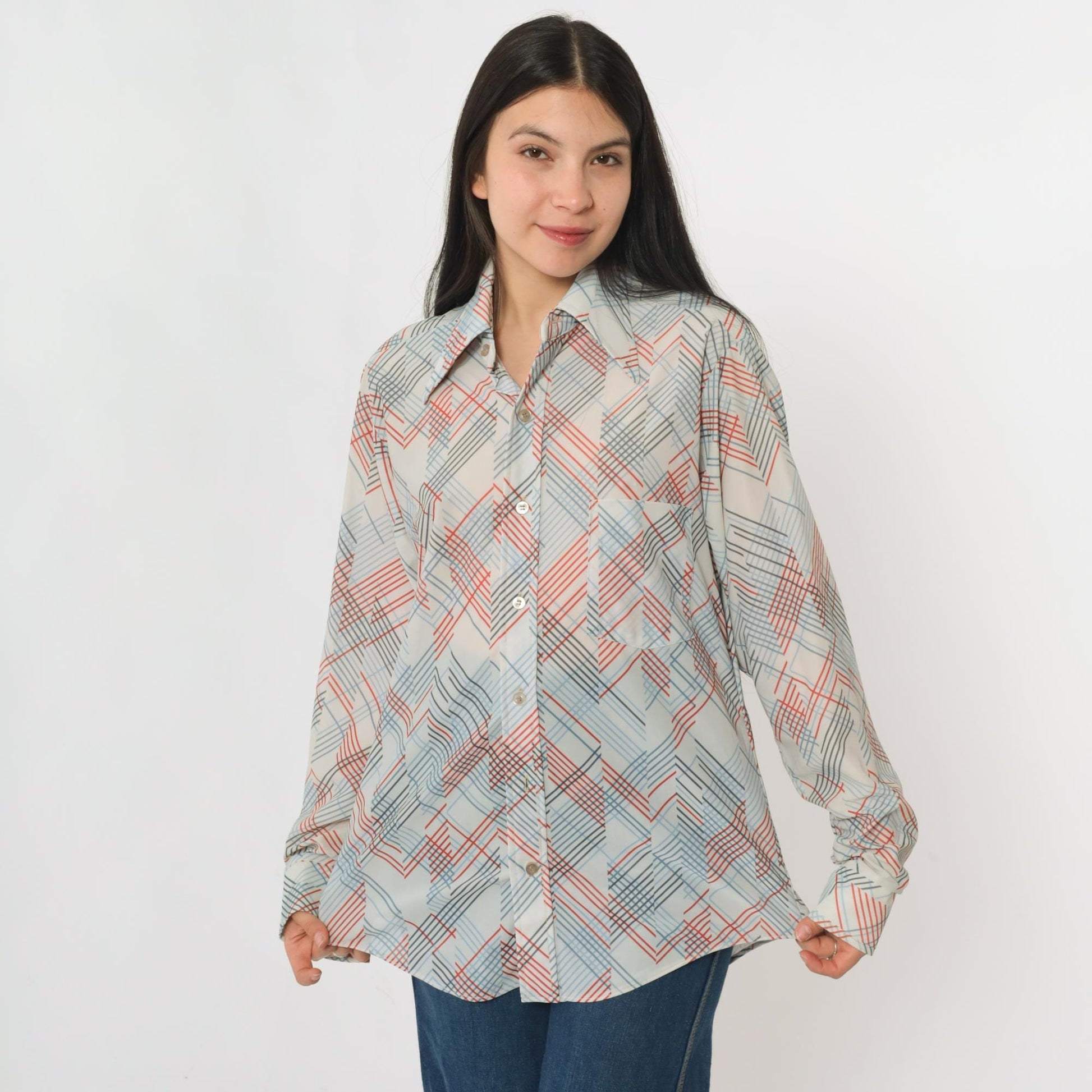 70s Sears Checkered Button-Up Shirt White Dagger Collar Long Sleeve Men's Medium M
