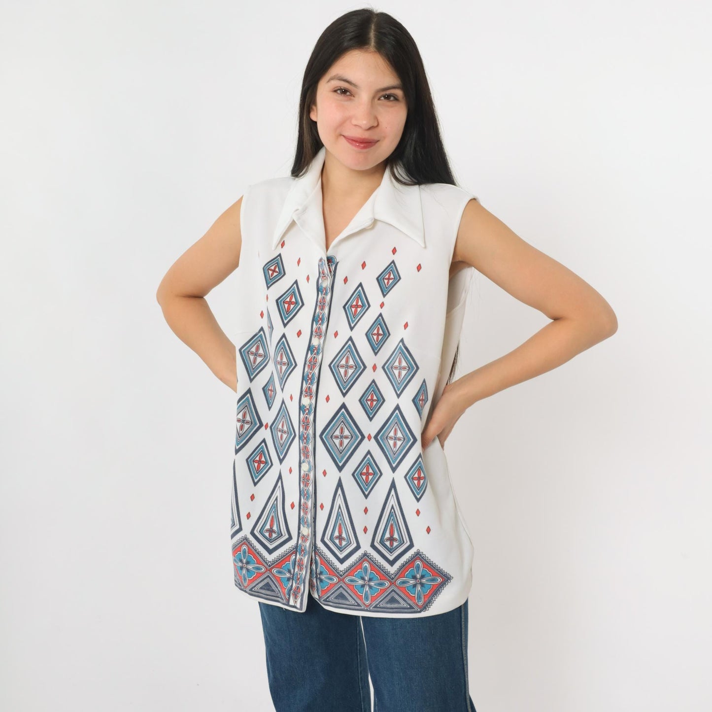 70s Geometric Diamond Print Sleeveless Blouse White Button-Up Collar Large L