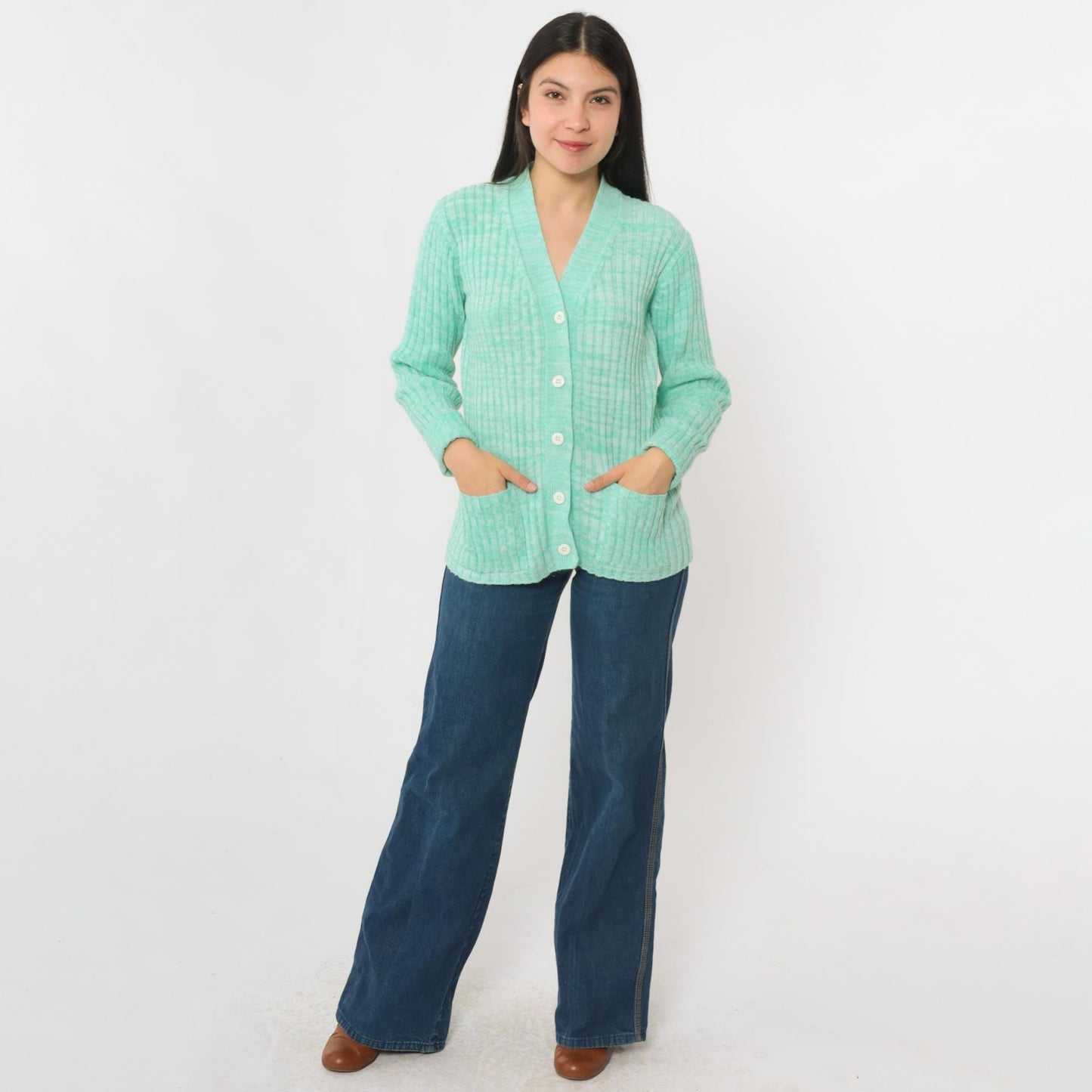 70s Space Dye Cardigan Mint Green White V-Neck Button-Up Knit Small S