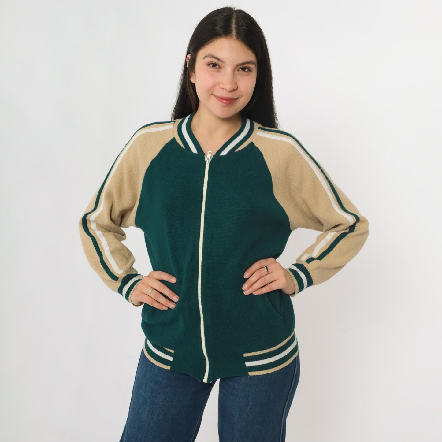 80s Plum Blossom Track Jacket Green Acrylic Knit Raglan Zip-Up Medium