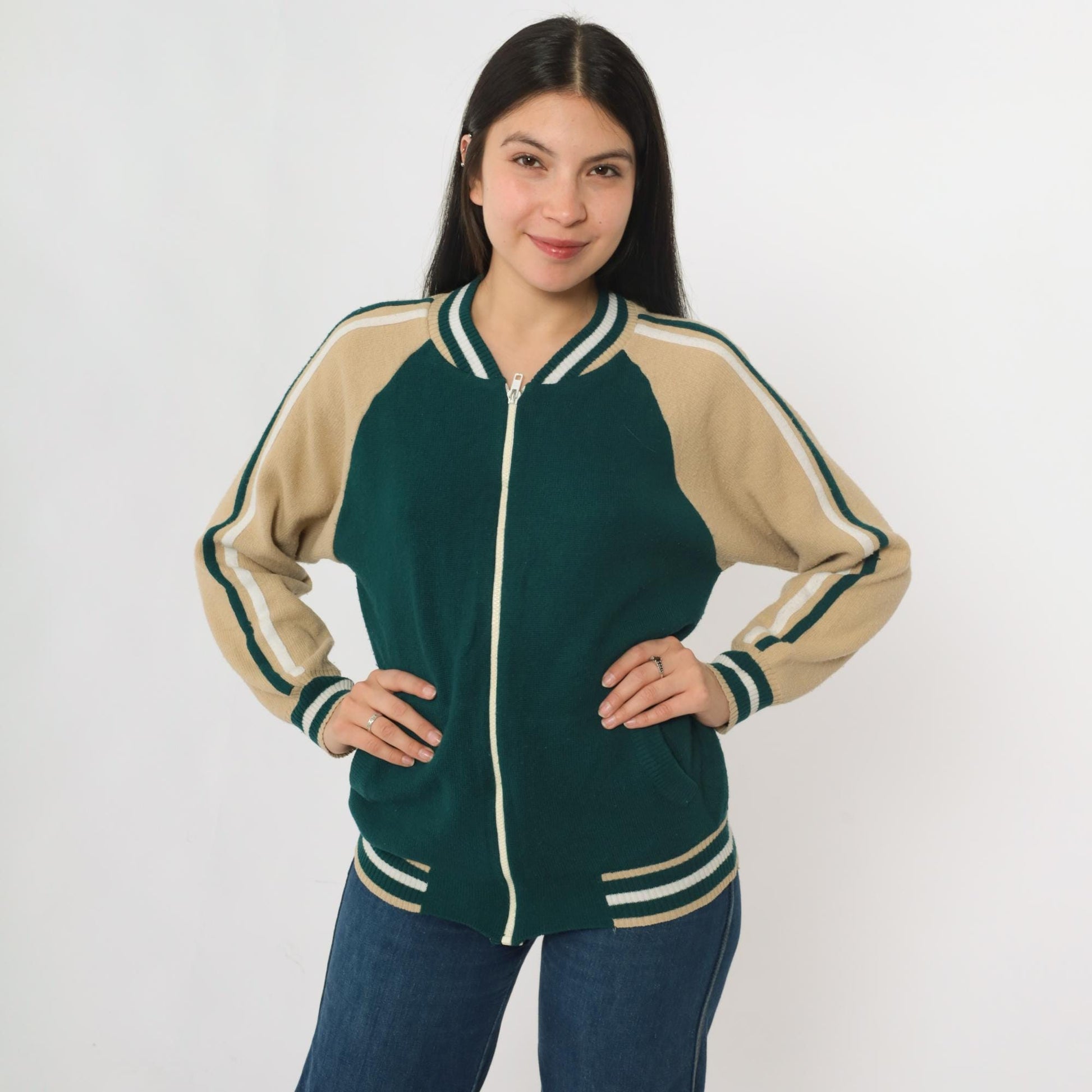 80s Plum Blossom Track Jacket Green Acrylic Knit Raglan Zip-Up Medium