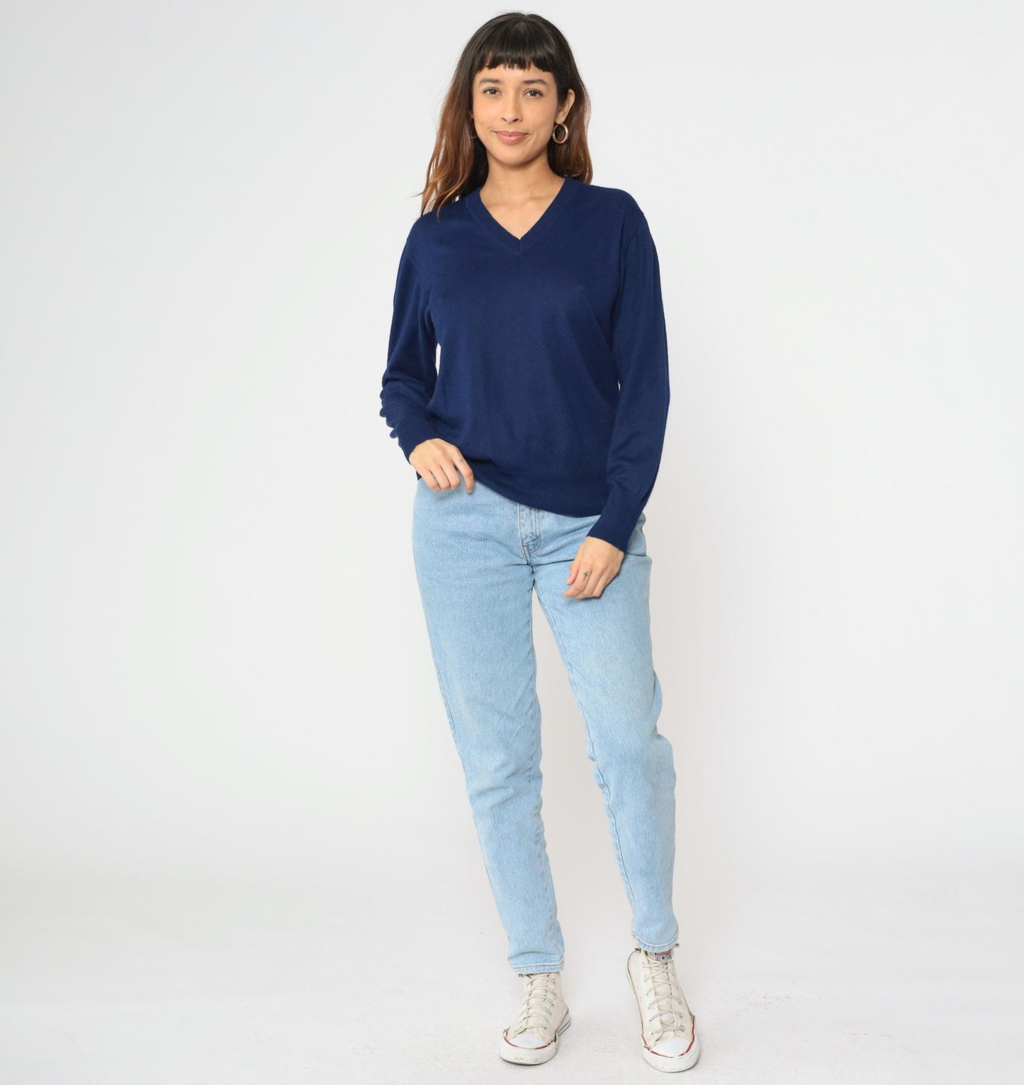 70s Bloomingdale's Navy Wool V-Neck Pullover Sweater Medium