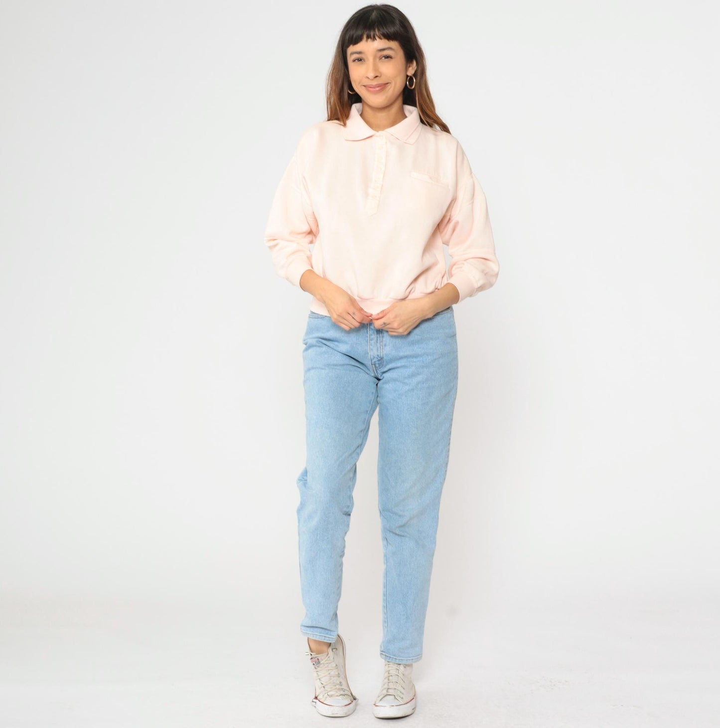 80s Baby Pink Polo Sweatshirt Vintage Collared Quarter-Snap Pullover Small