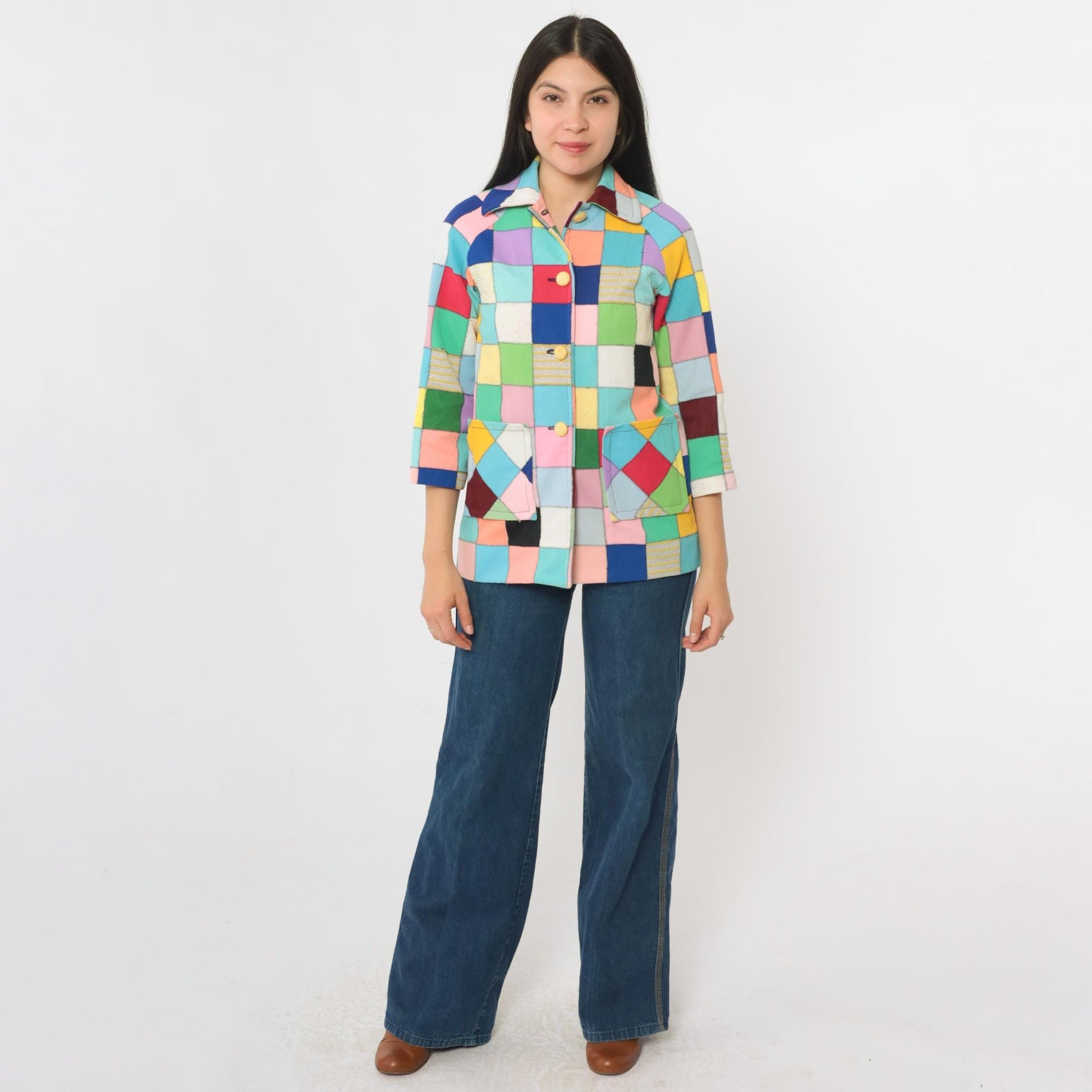70s Patchwork Quilted Jacket Multicolor Square Block Notch Collar Extra Small