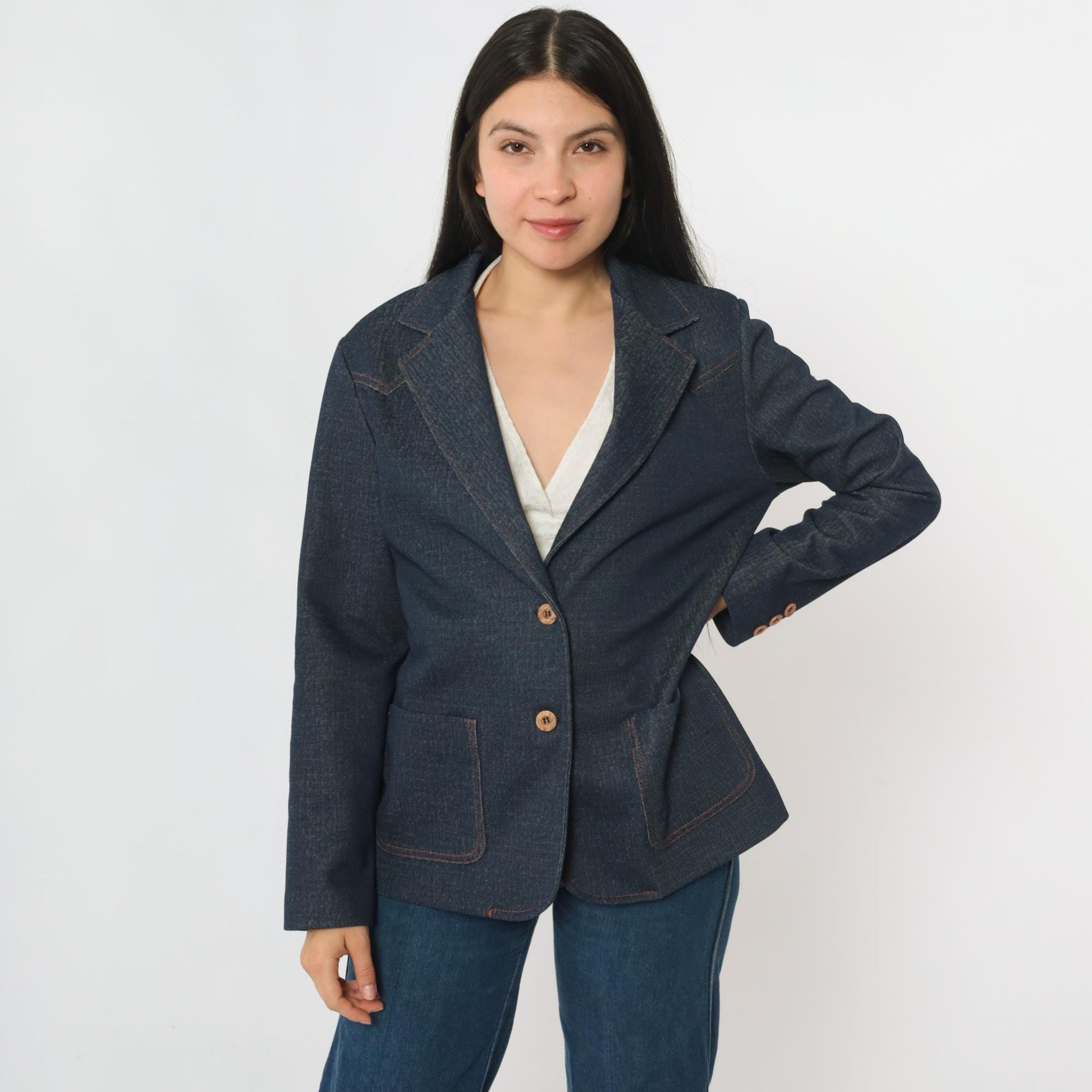 70s Dark Wash Denim Blazer Jacket Collared Button-Up Blue Medium