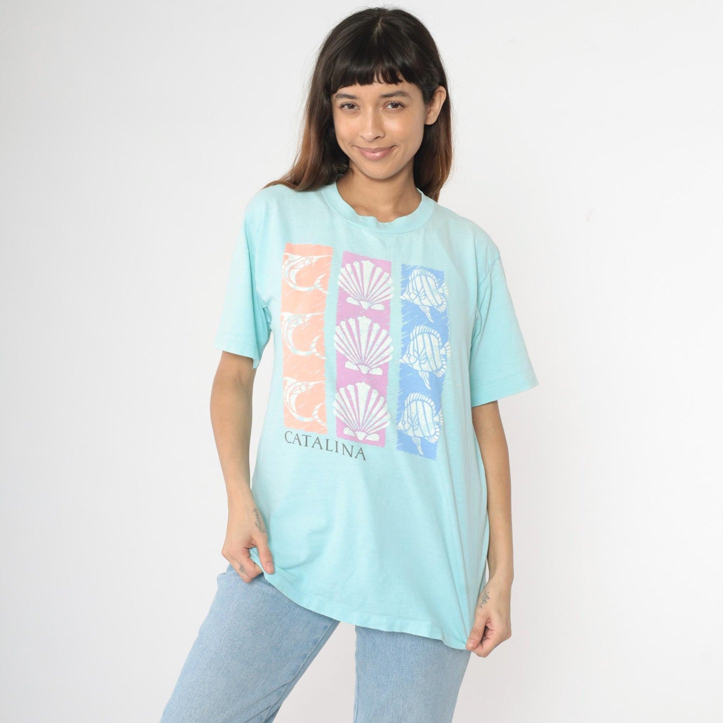90s Catalina Island Swordfish Seashell Graphic T-Shirt Cotton Tee Medium