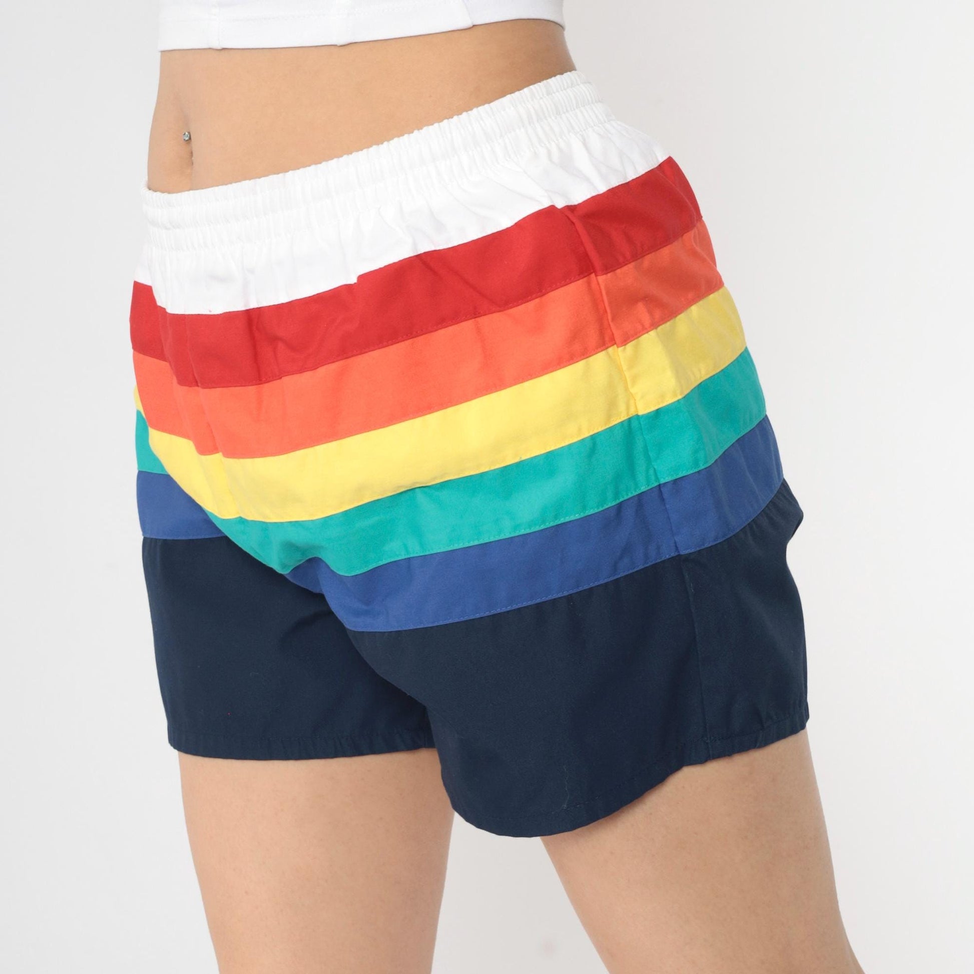 80s Catalina Rainbow Striped Swim Trunks White Colour Block Shorts Small