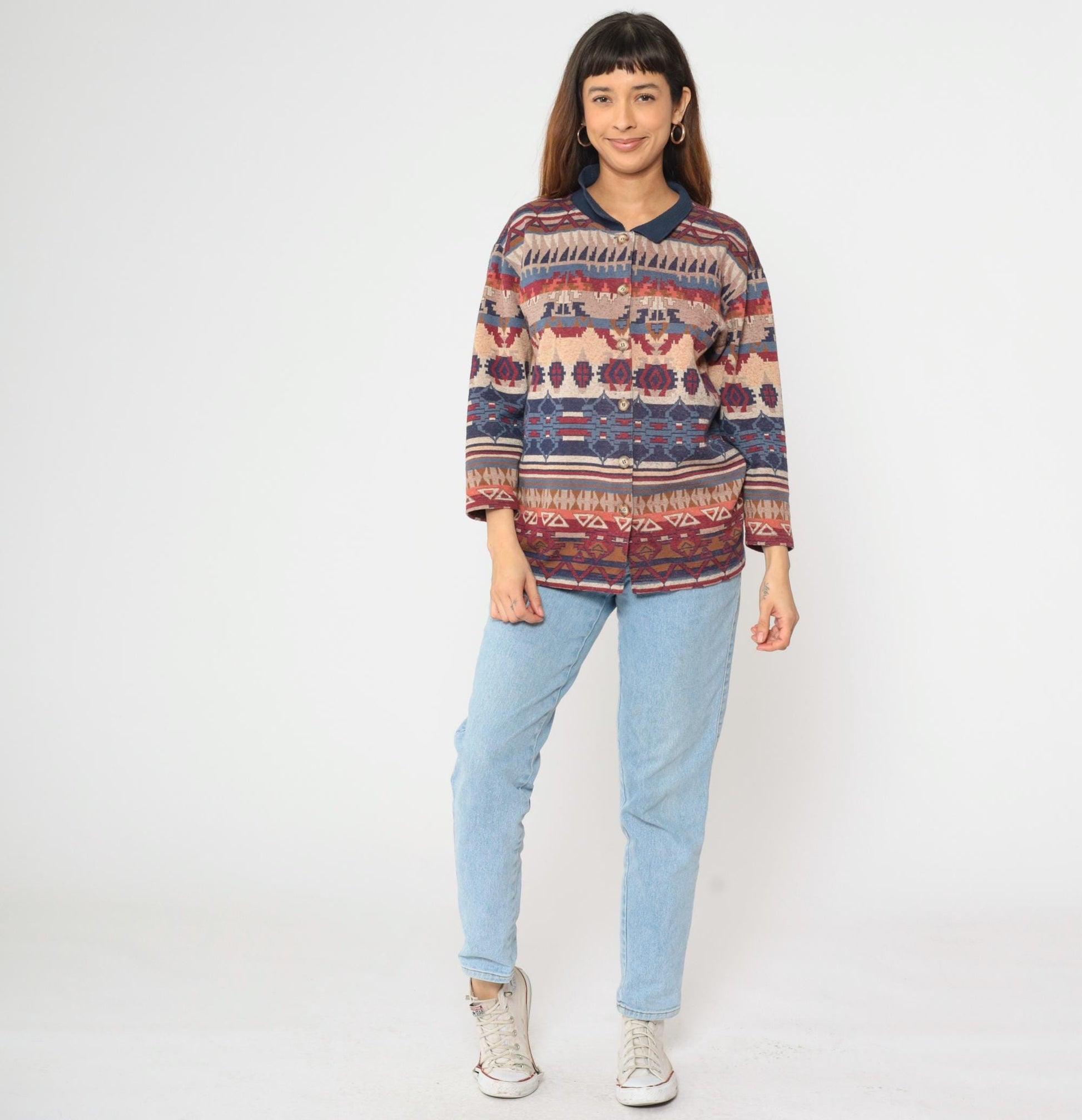90s Southwestern Tapestry Button Up Blouse Navy Blue Red Long Sleeve Extra Small