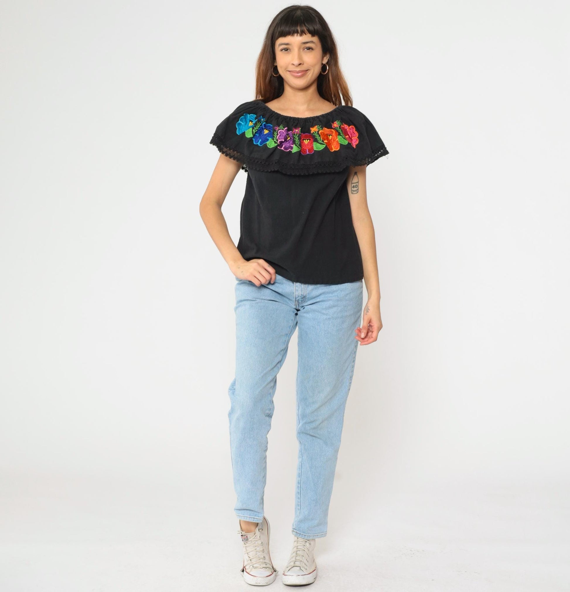 90s Mexican Floral Embroidered Blouse Black Off-Shoulder Crochet Peasant Small