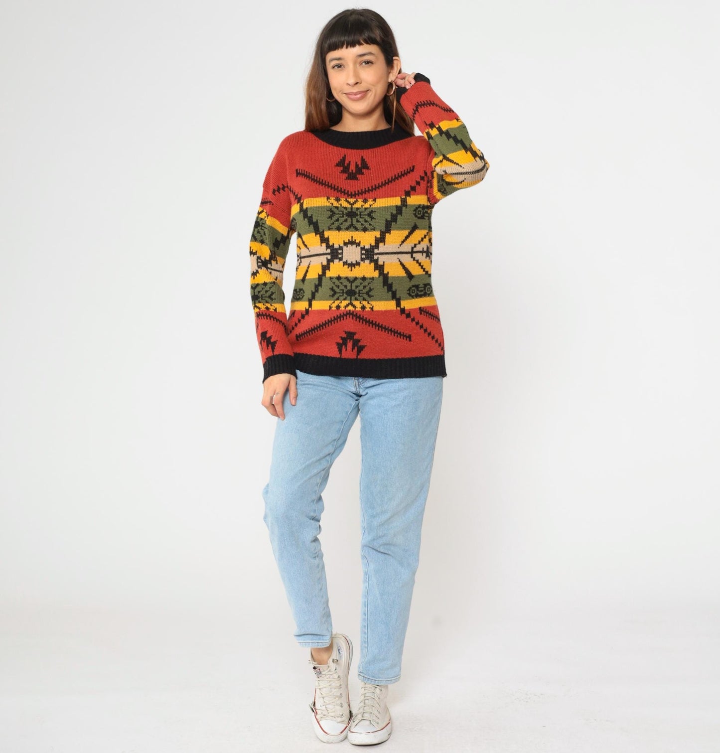 80s Southwestern Geometric Knit Sweater Red Black Ringer Crewneck Medium