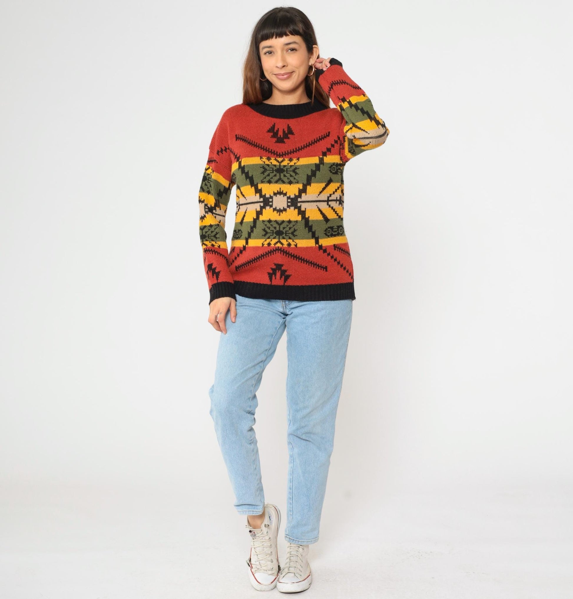 80s Southwestern Geometric Knit Sweater Red Black Ringer Crewneck Medium