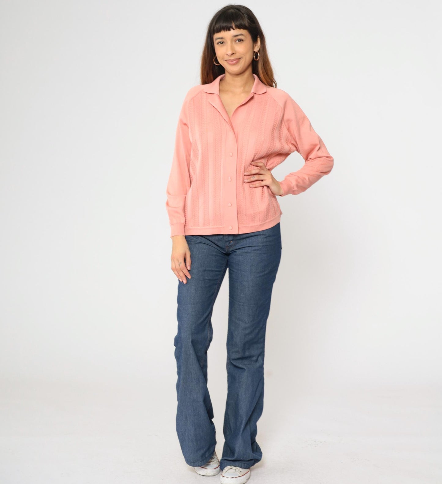 70s Pink Textured Cardigan Sweater Raglan Collar Button-Up Medium