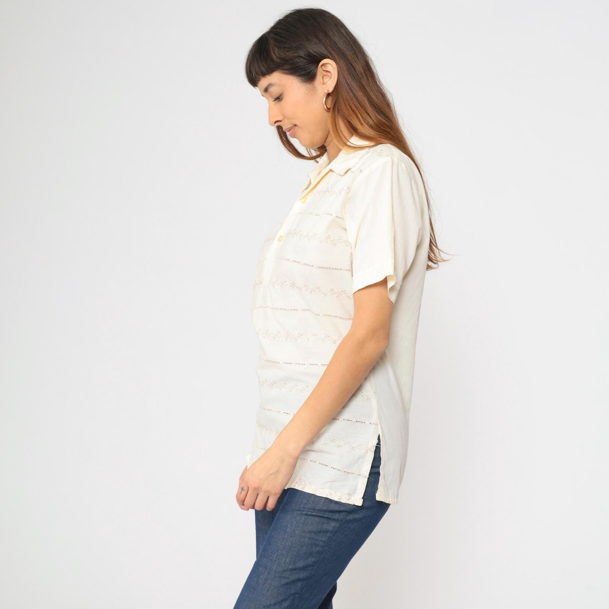 70s Paul Howard California Eyelet Striped Polo Shirt Cream Medium M