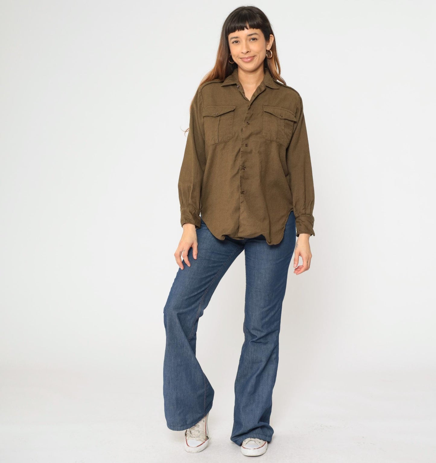 80s Olive Brown Wool Military Shirt Button Up Epaulettes Utility Pockets Small