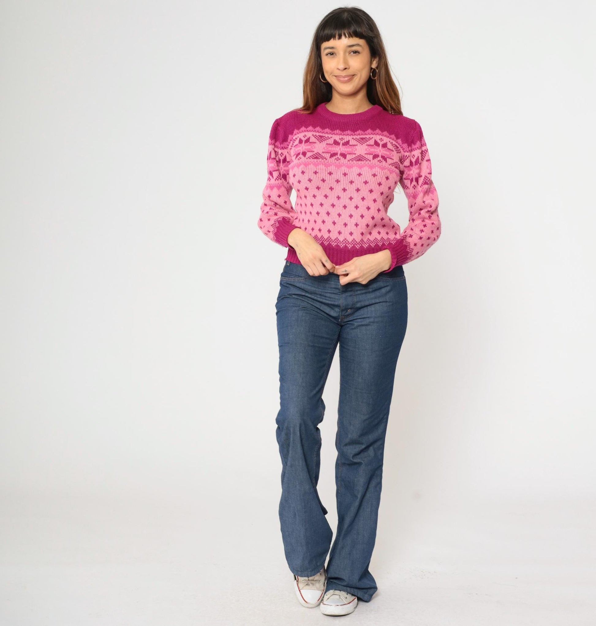 80s Pink Fair Isle Puff Sleeve Sweater Nordic Knit Small