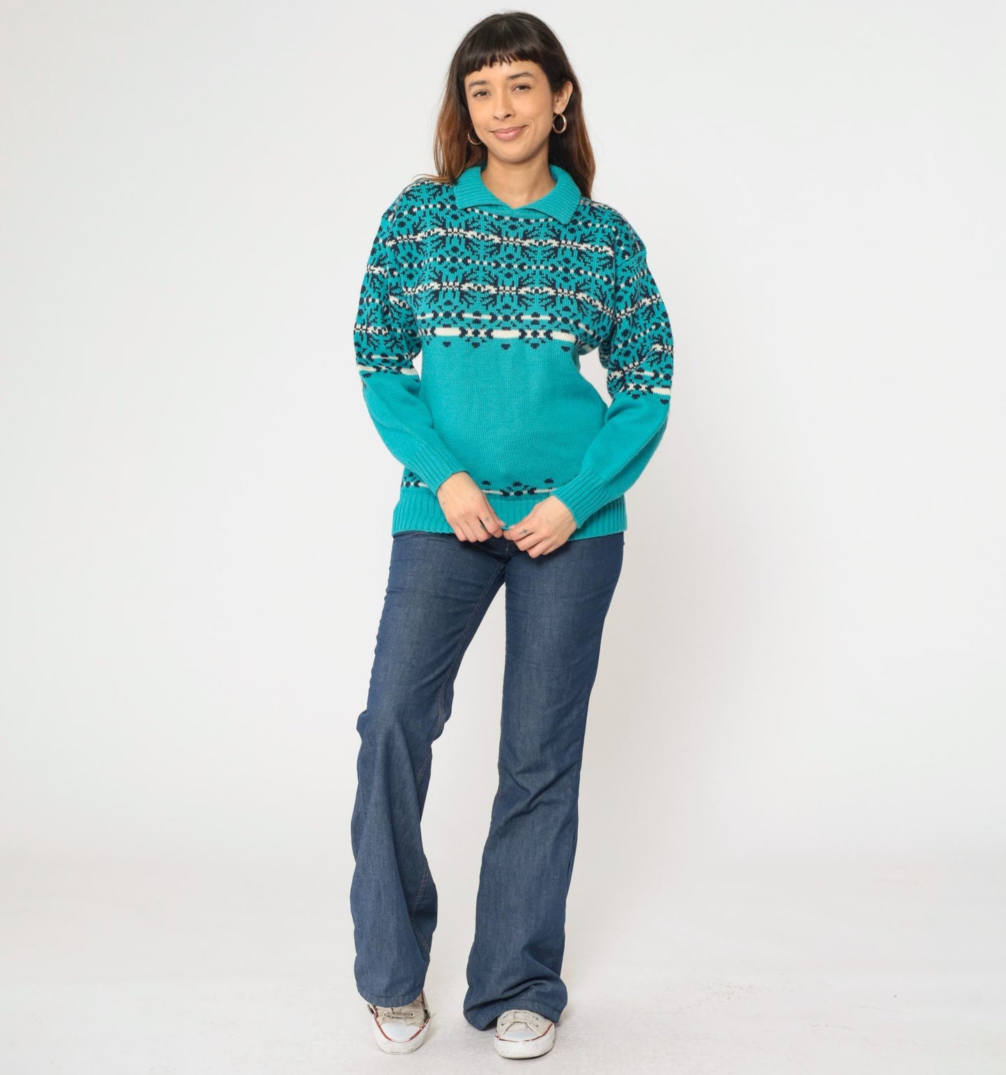 80s Demetre Wool Nordic Fair Isle Ski Sweater Turquoise Small