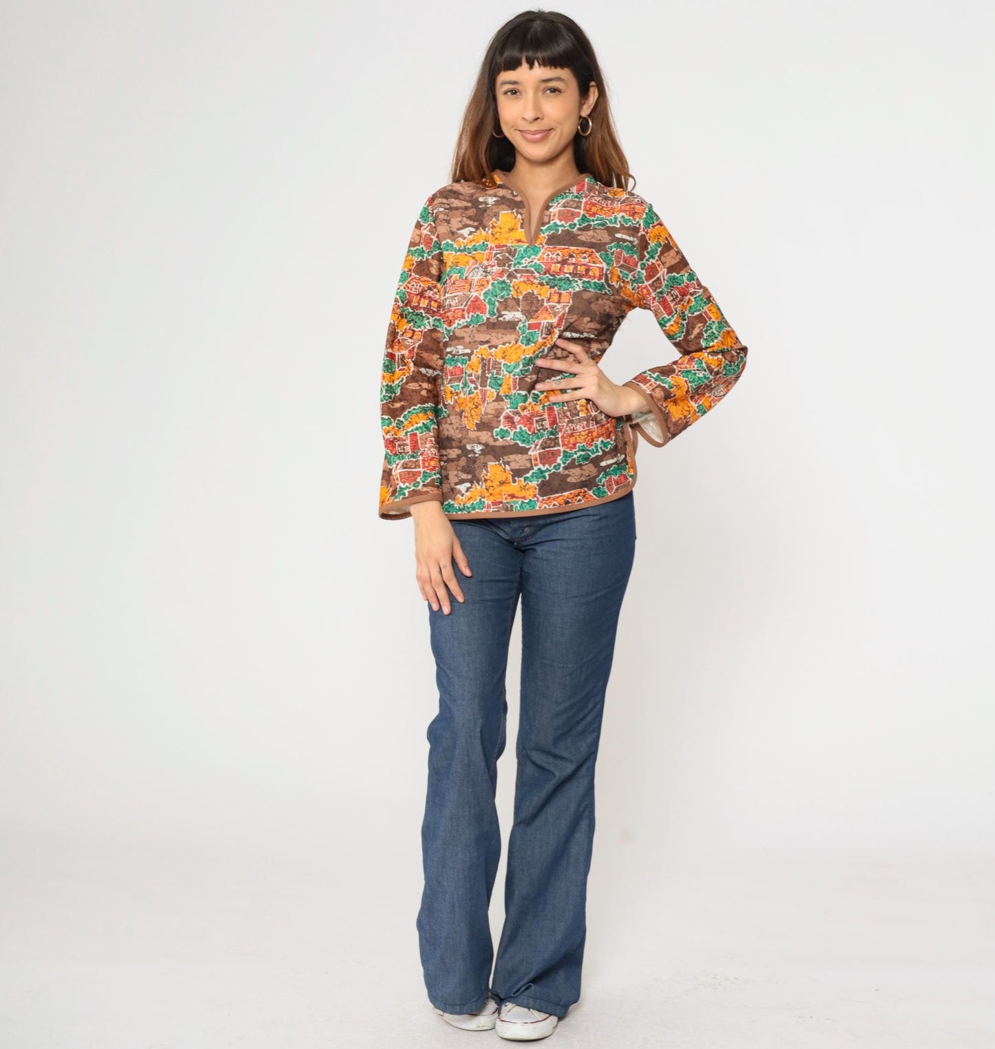 70s Village Print Shirt Brown Slit Neck Long Sleeve Blouse Medium M