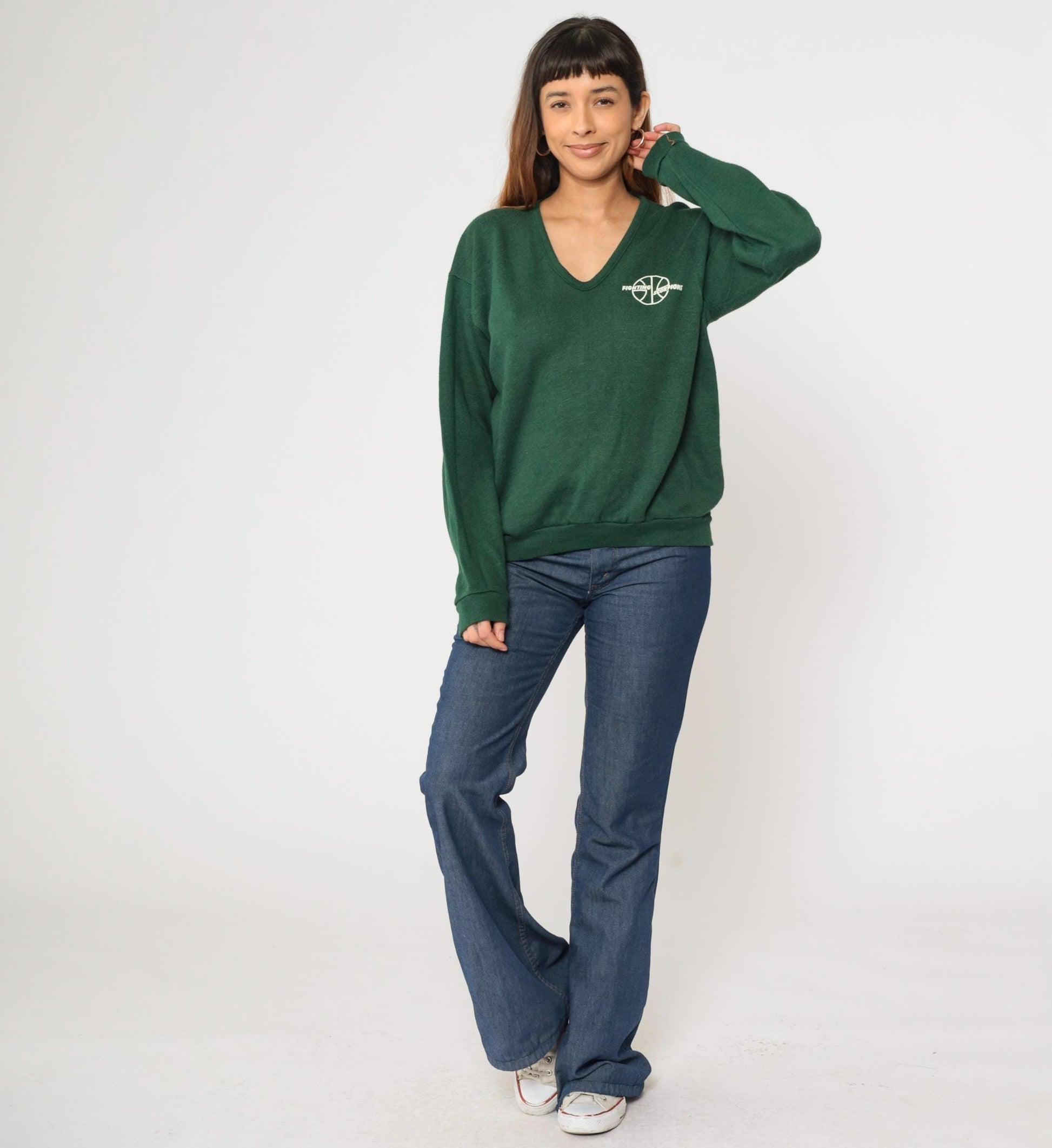 80s Fighting Scorpions Basketball V-Neck Sweater Forest Green Large