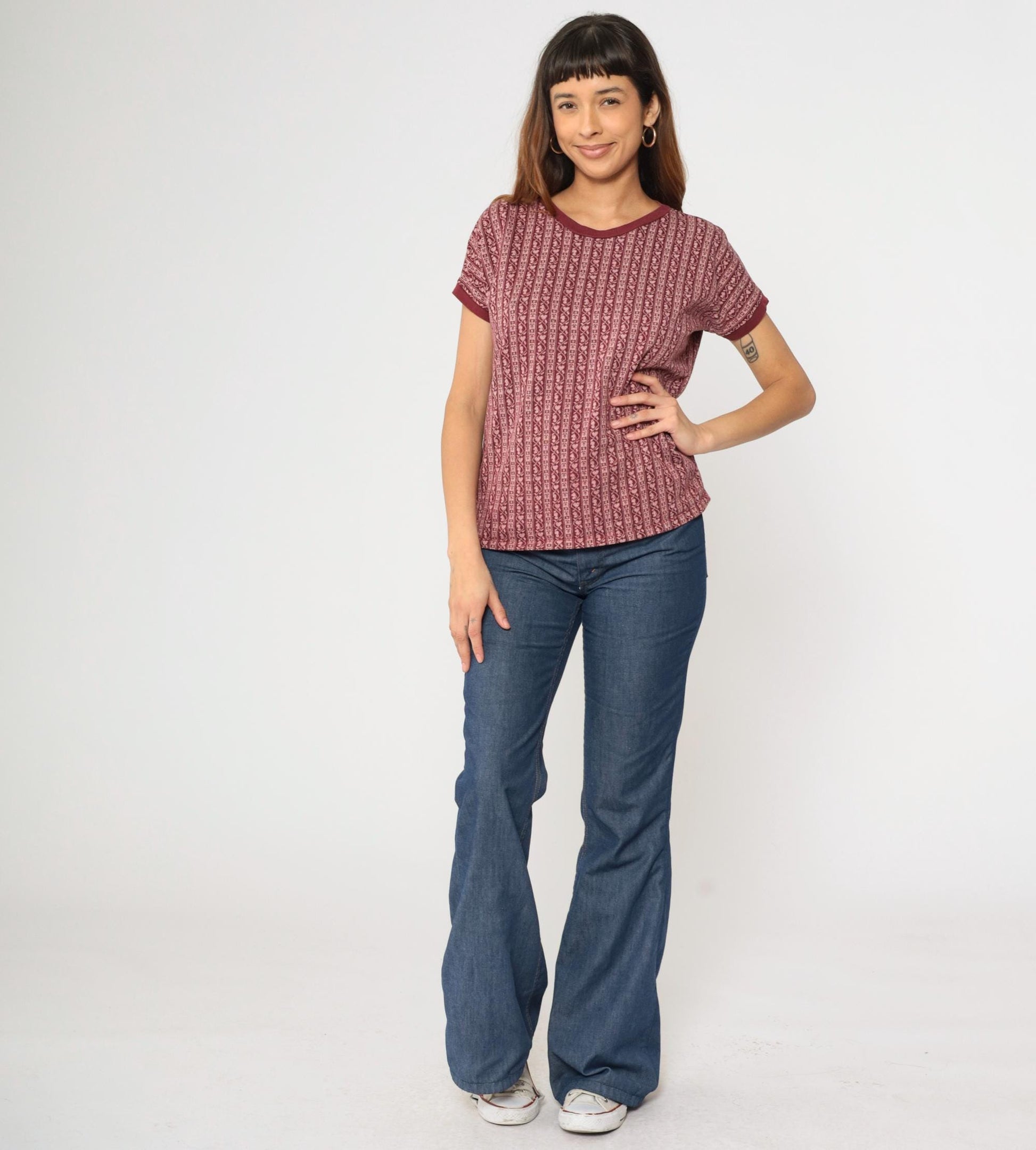 80s Scandinavian Folk Stripe Knit Tee Maroon Pink Heart Ringer Large L