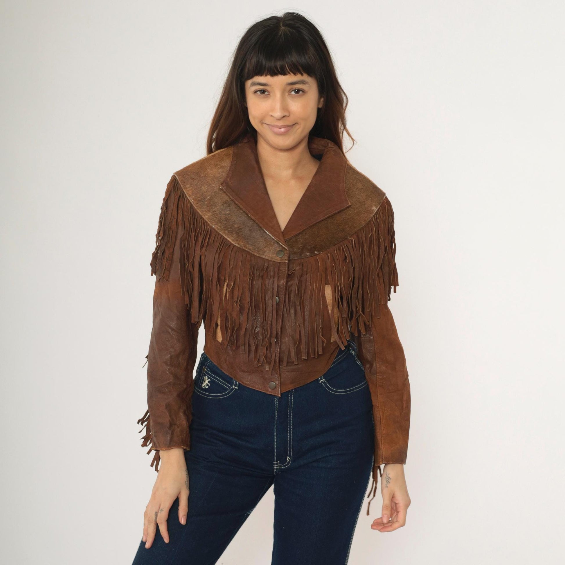 1970s Leather Fringe Jacket Brown Cowhide Eagle Yoke Western Snap Extra Small